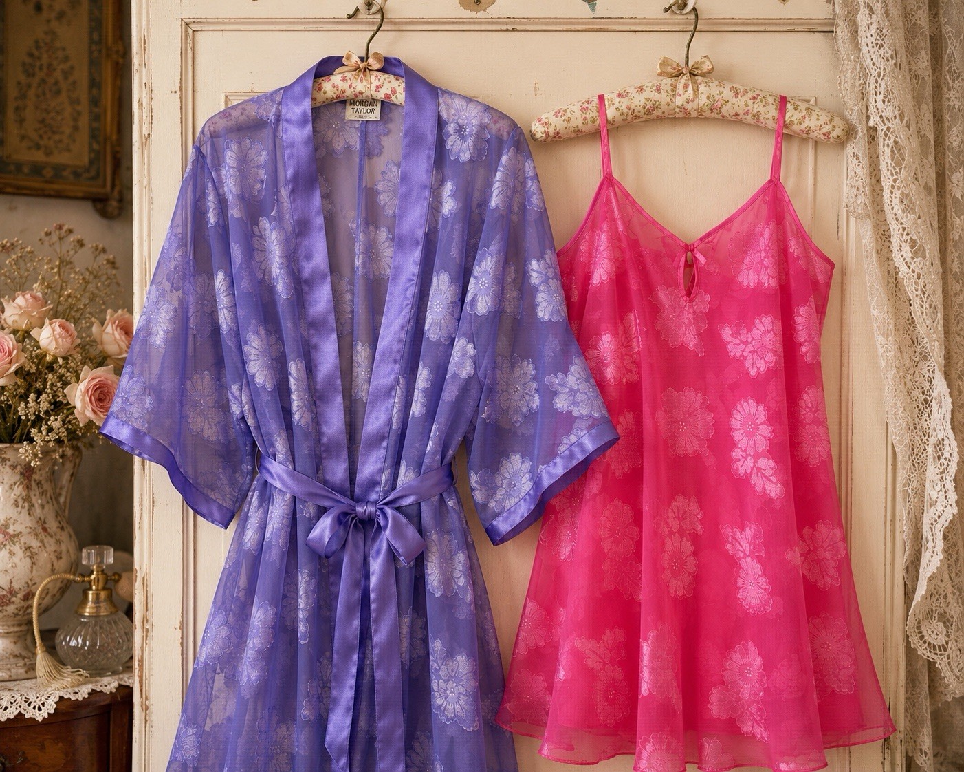 Vintage M.T. Morgan Taylor Floral Chiffon Peignoir Set Pink Purple M