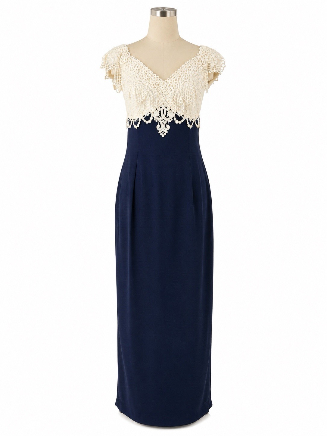 Vintage Scott McClintock Formal Gown Womens 8 Navy Ivory Lace Maxi Dress USA