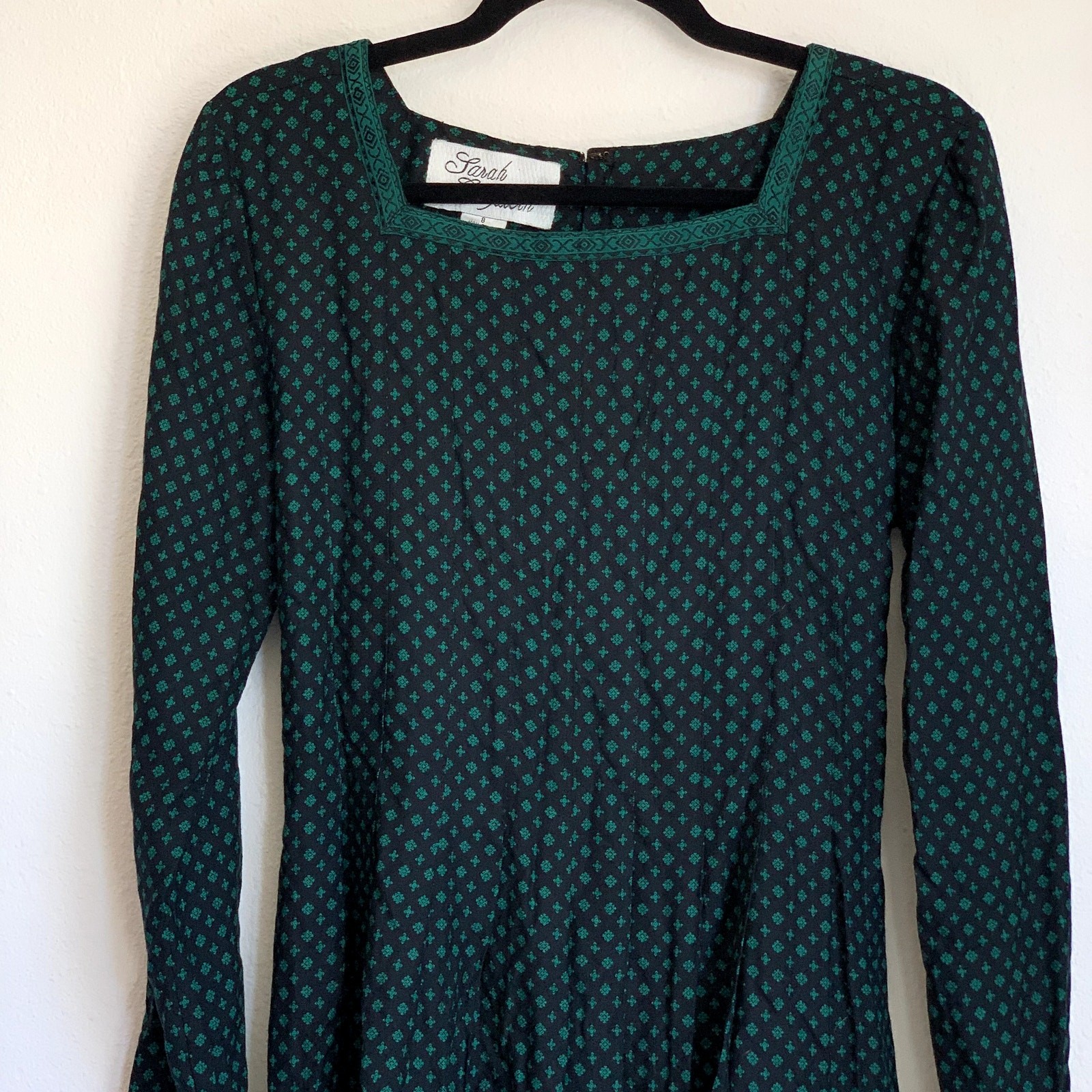 Sarah Elizabeth Vintage Green Black Diamond Print Rayon Cottagecore Dress Size 8