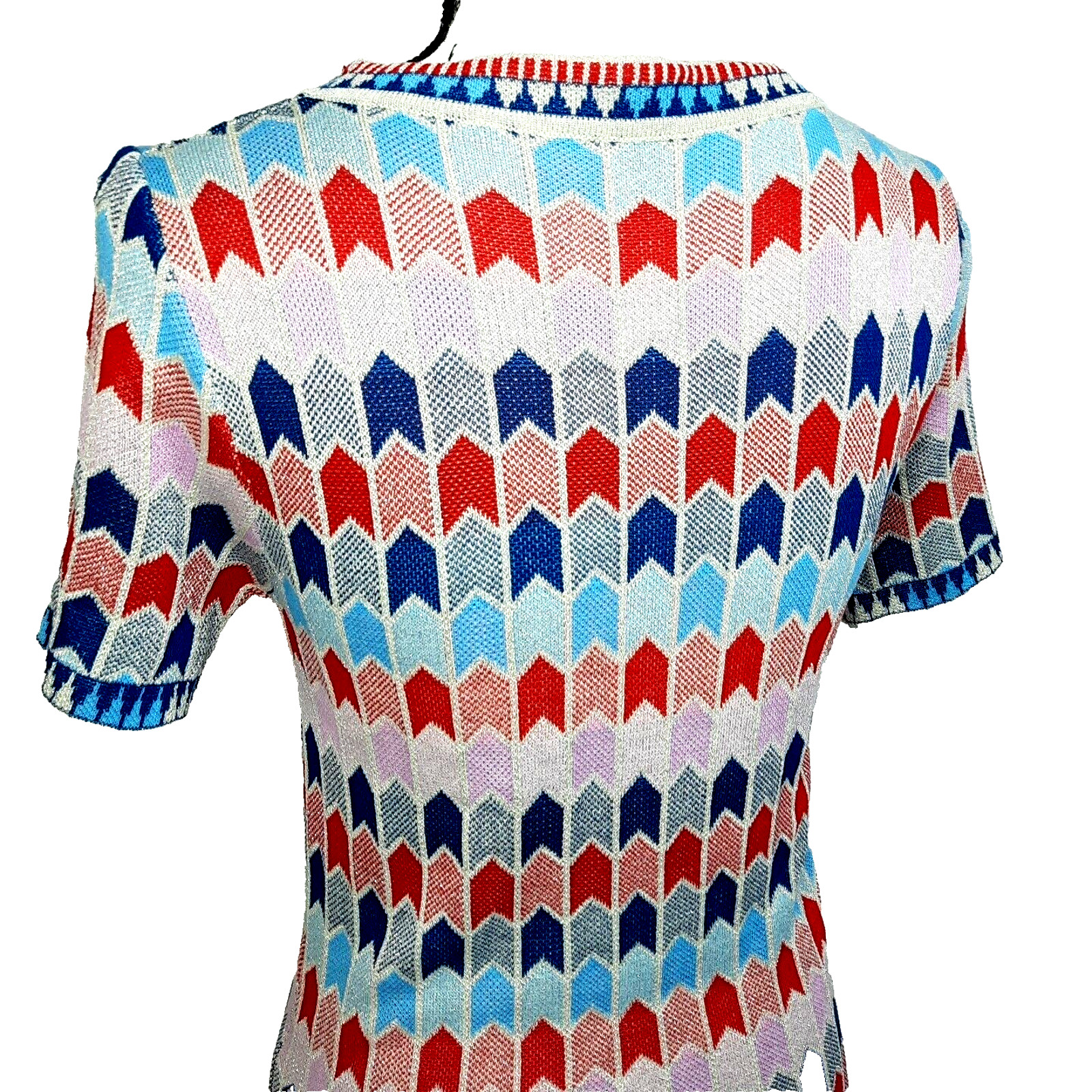 Vintage 60s MOD Geometric Silver Metallic Knit Dress Medium Red Pink Blue Retro