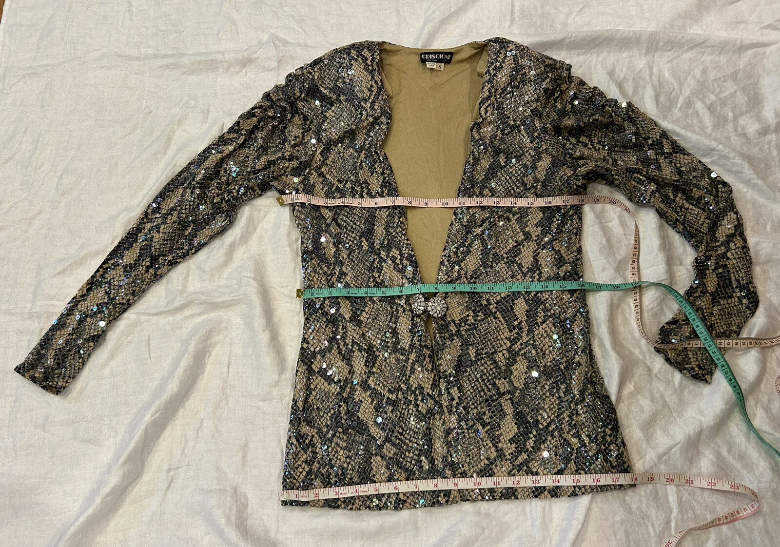 Vintage 80s Luxury Pant Suit Sz S Sequin Jersey Snakeskin Rhinestone CRISCIONE