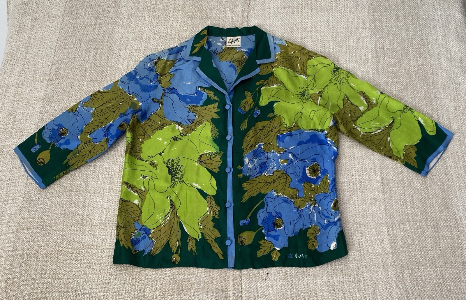 Vintage Silk Vera Neumann Blouse shirt 3/4 Sleeve Olive Blue Floral
