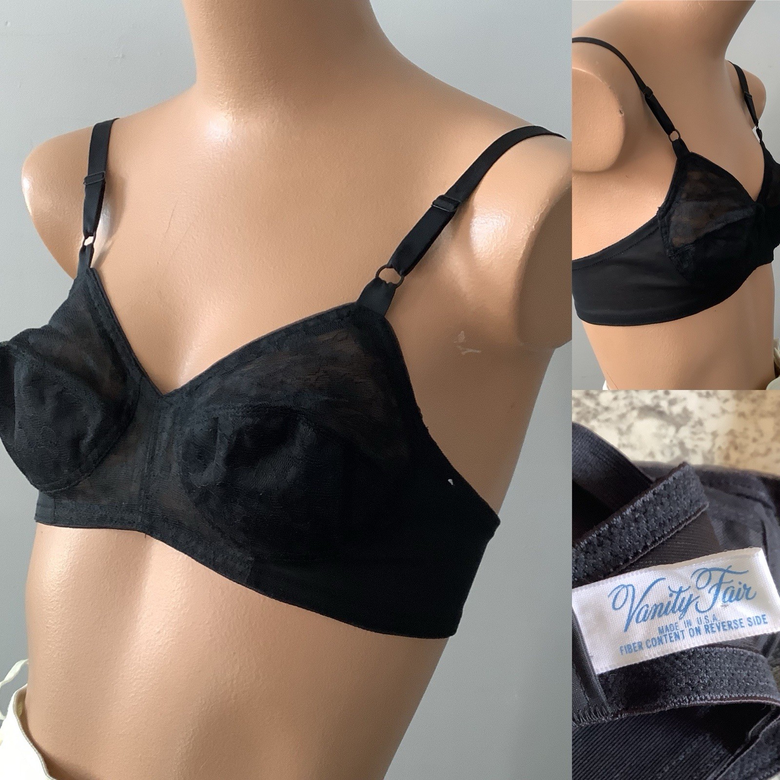NOS Vintage Black VANITY FAIR Nylon Pointy BRA Floral LACE Sheer Bullet SZ. 34A