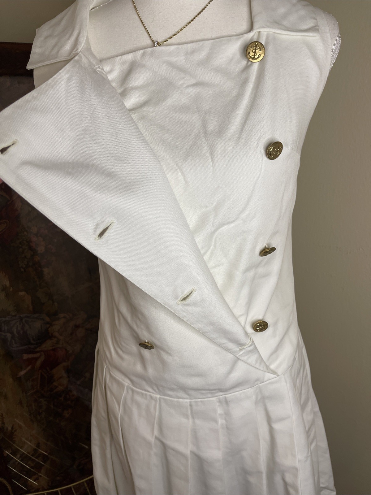 Vintage Thermo Jac Nautical Sailor Dress White Gold Button Pleated