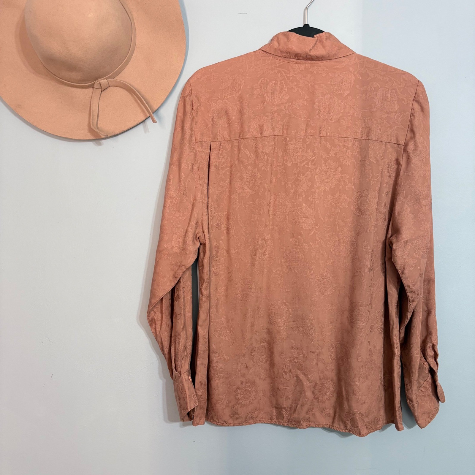 Vintage John Meyer 70s Embossed Floral Jacquard Blouse Terracotta Pink Size 14