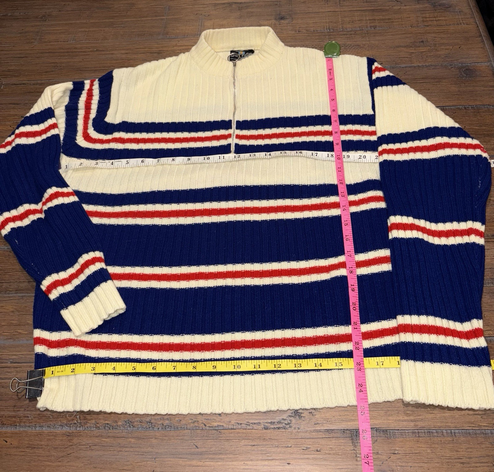 Vintage 60s 70s Women’s 1/4 Zip Striped Mock Neck Sweater Darwin Size XL