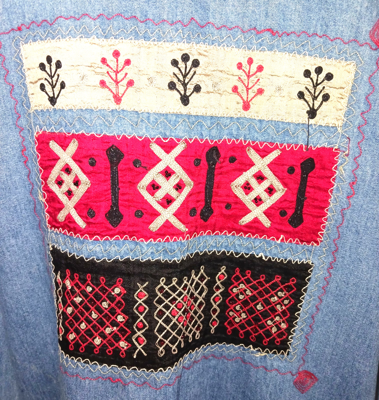 VTG Denim Jacket/Shirt Women’s Plus Size Tribal Slitweave Embroidery Ethnic Boho