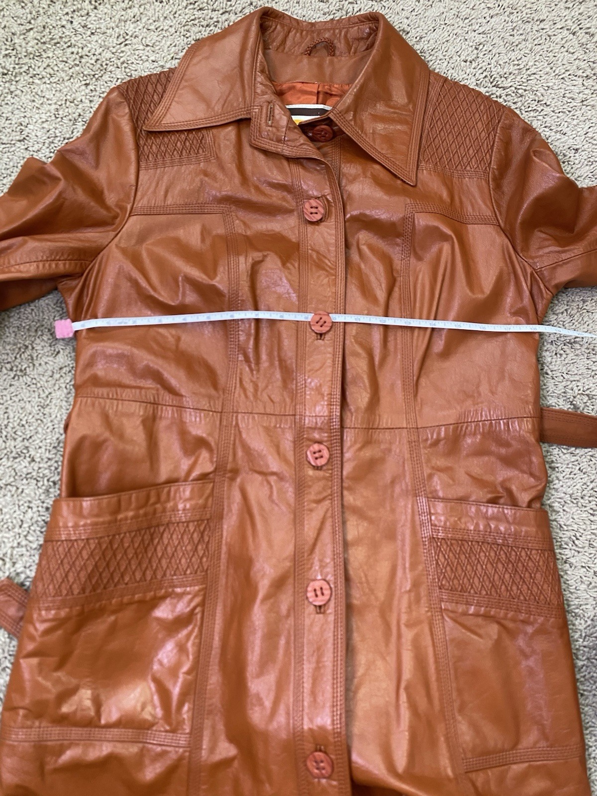 Vintage 1970s Suburban Heritage Leather Terracotta Dagger Collar Coat Bust 36