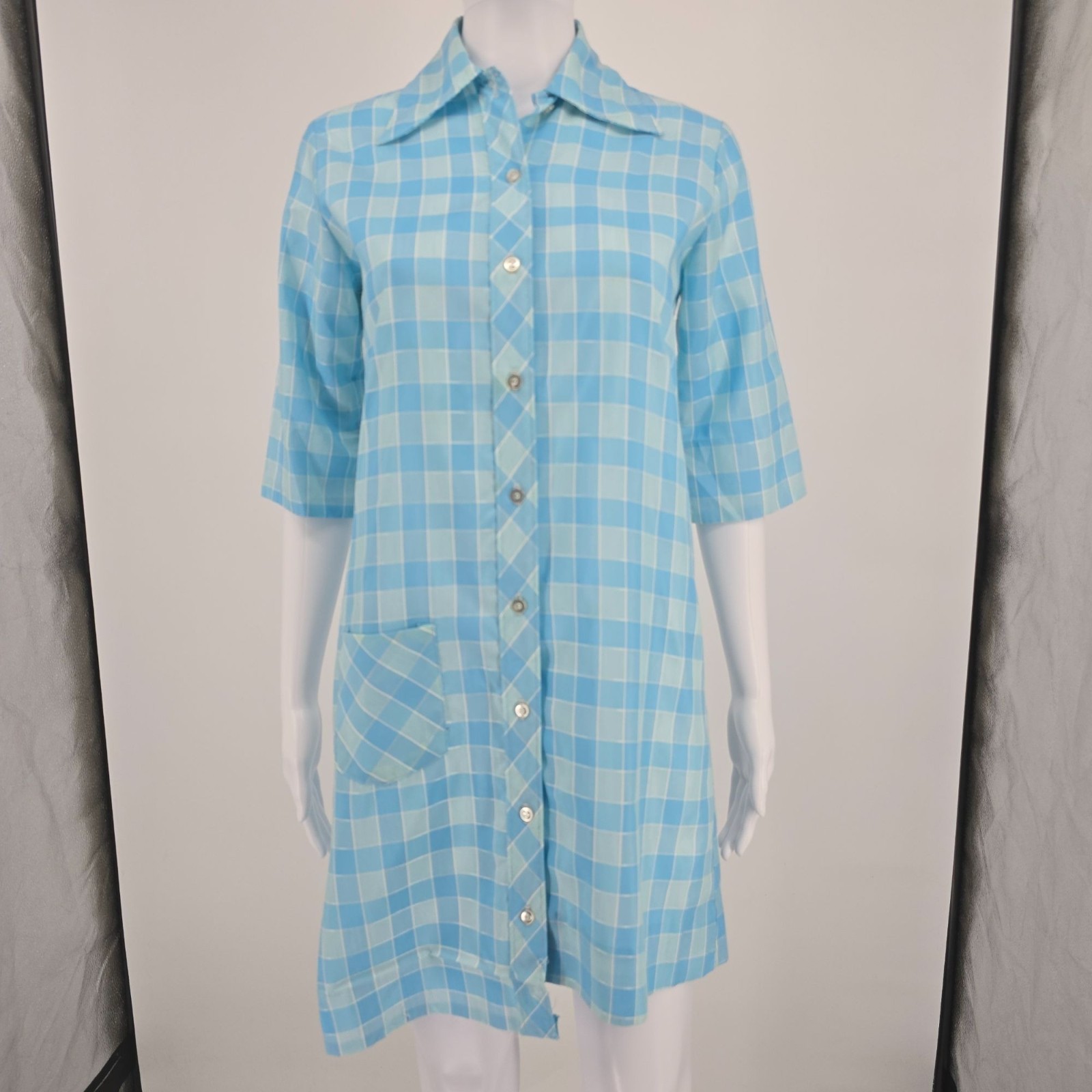 Vintage 1970s Lean on Klopman Blue Windowpane Polycotton Mini Mod Shirtdress (M)
