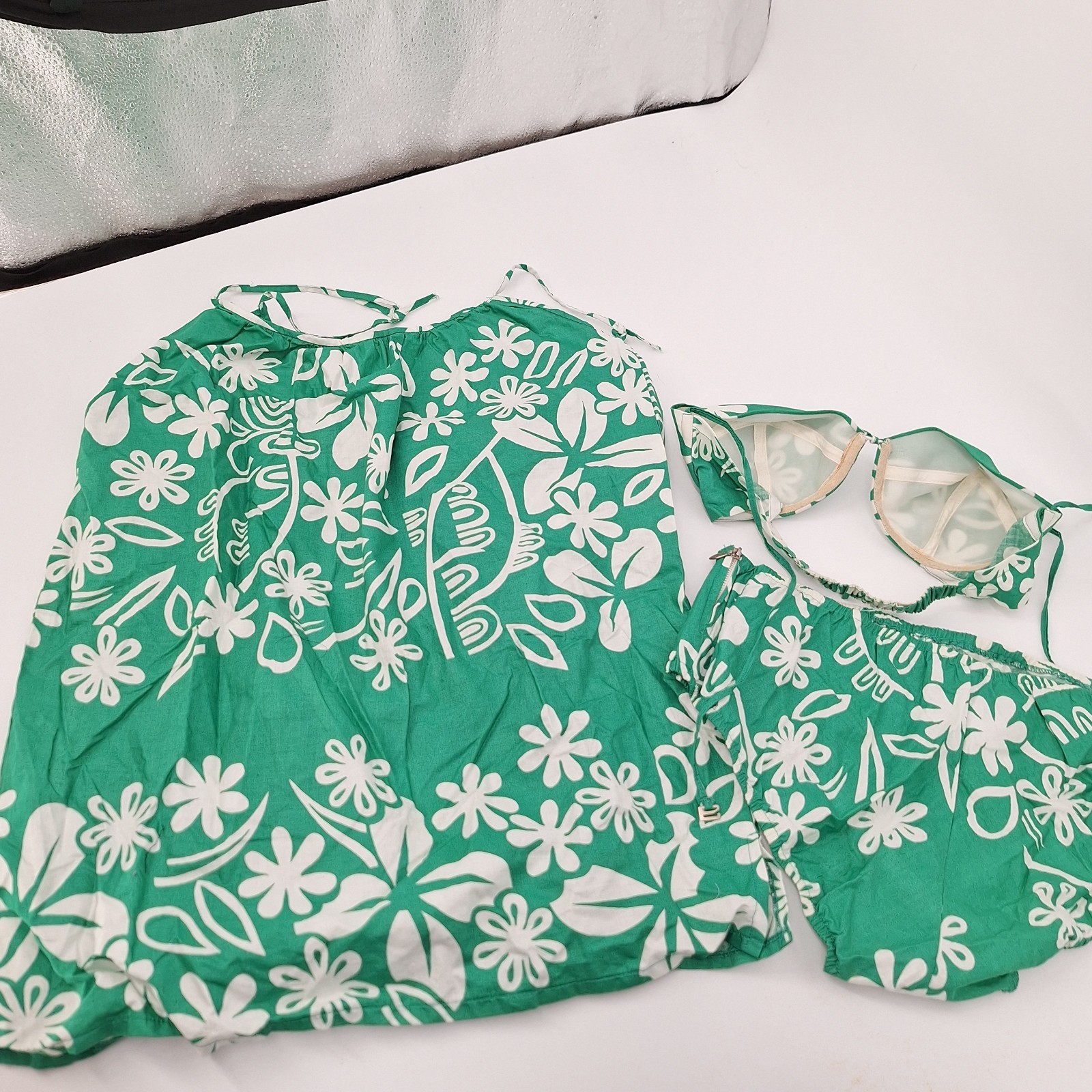 Vtg Green Bikini Retro 3 Pc Set Bathing Suit Mid Century Swimsuit Tropical