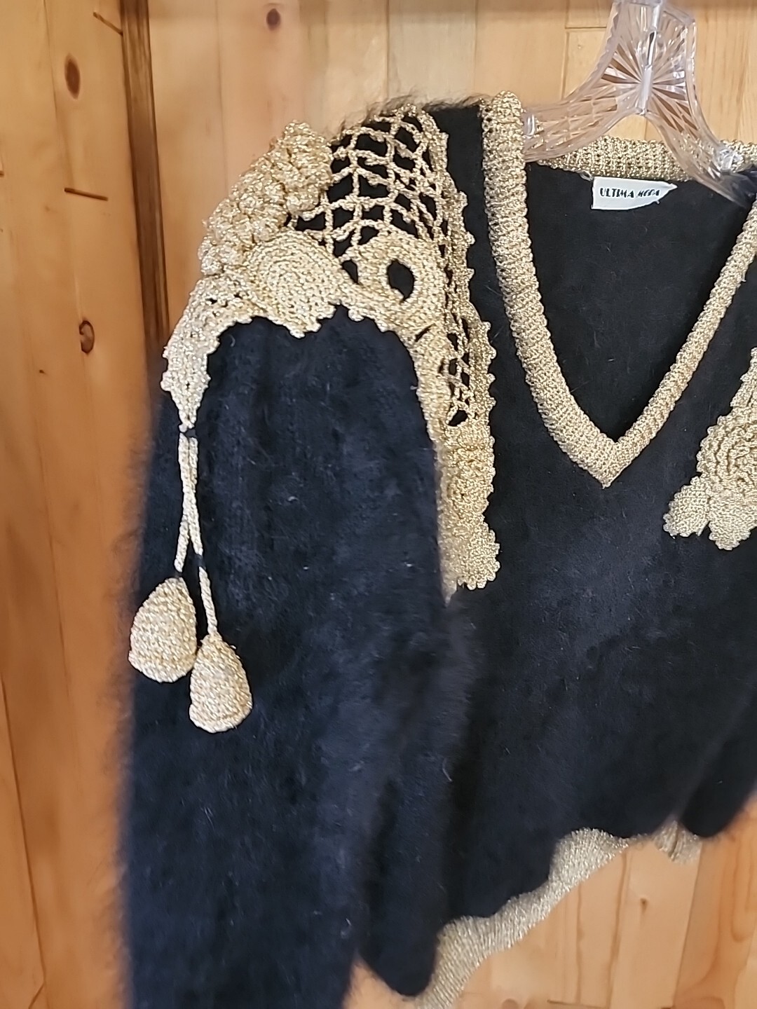 Ultima Moda Vintage Black Angora Holiday Party Sweater W 3D Gold Sparkle Sz M