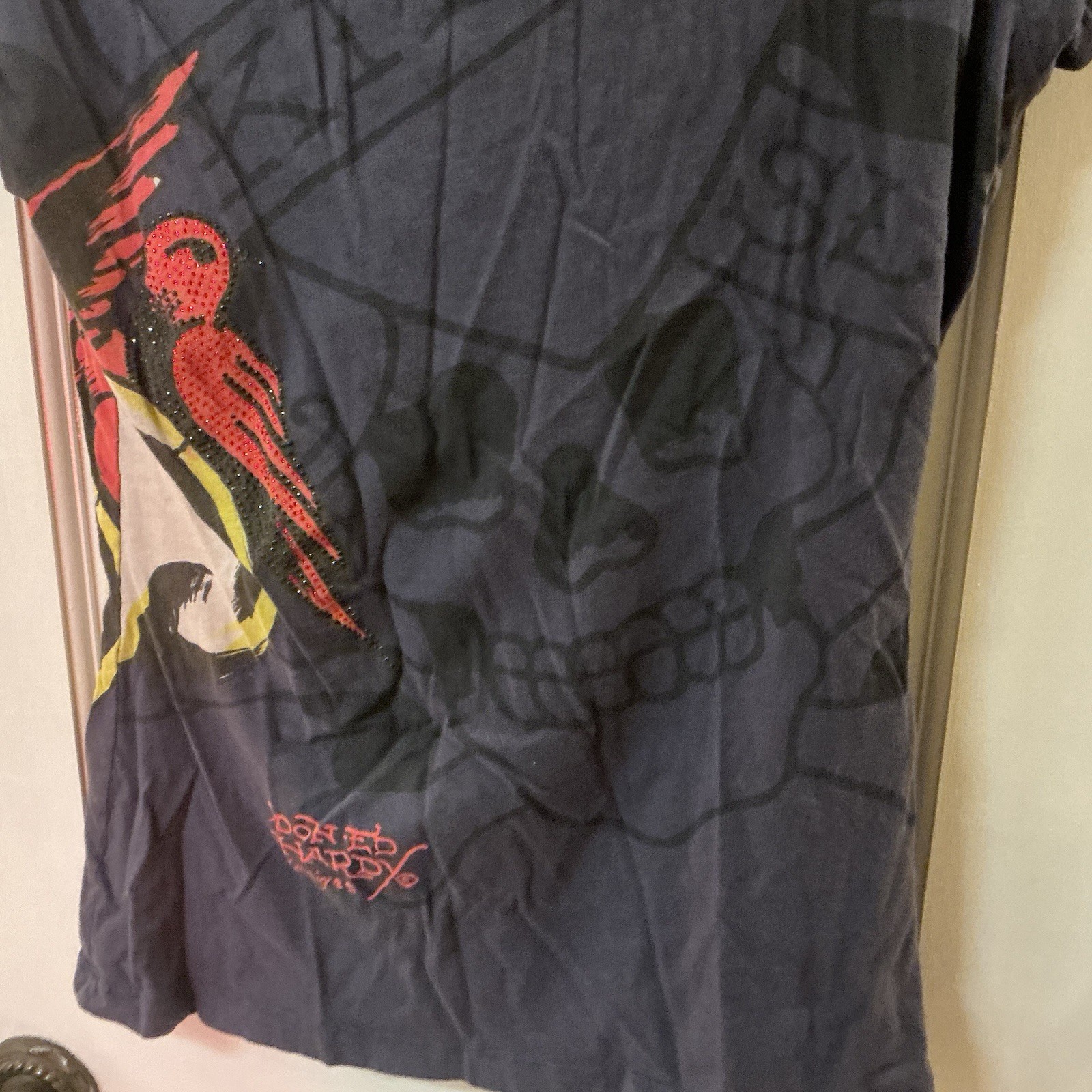 Woman’s Mid 2000’s Archival Y2K Don Ed Hardy Designs Skulls Rhinestone Shirt