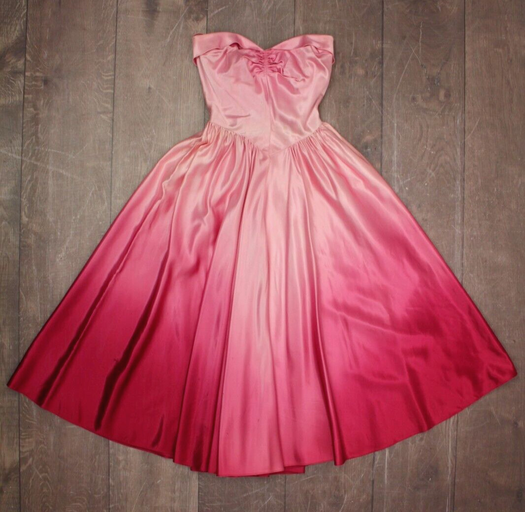 Vtg Women’s 40s Pink Ombre Formal Gown XS/S 1940s Satin Maxi Dress Prom