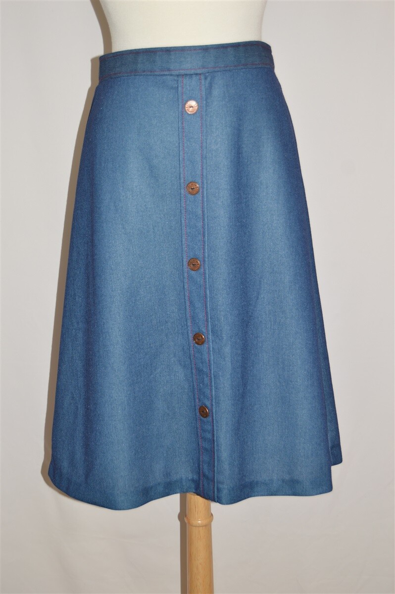 vintage 70s LAURENTE POLYESTER NAVY BLUE BUTTON FRONT WOMEN’S A LINE SKIRT 13/15