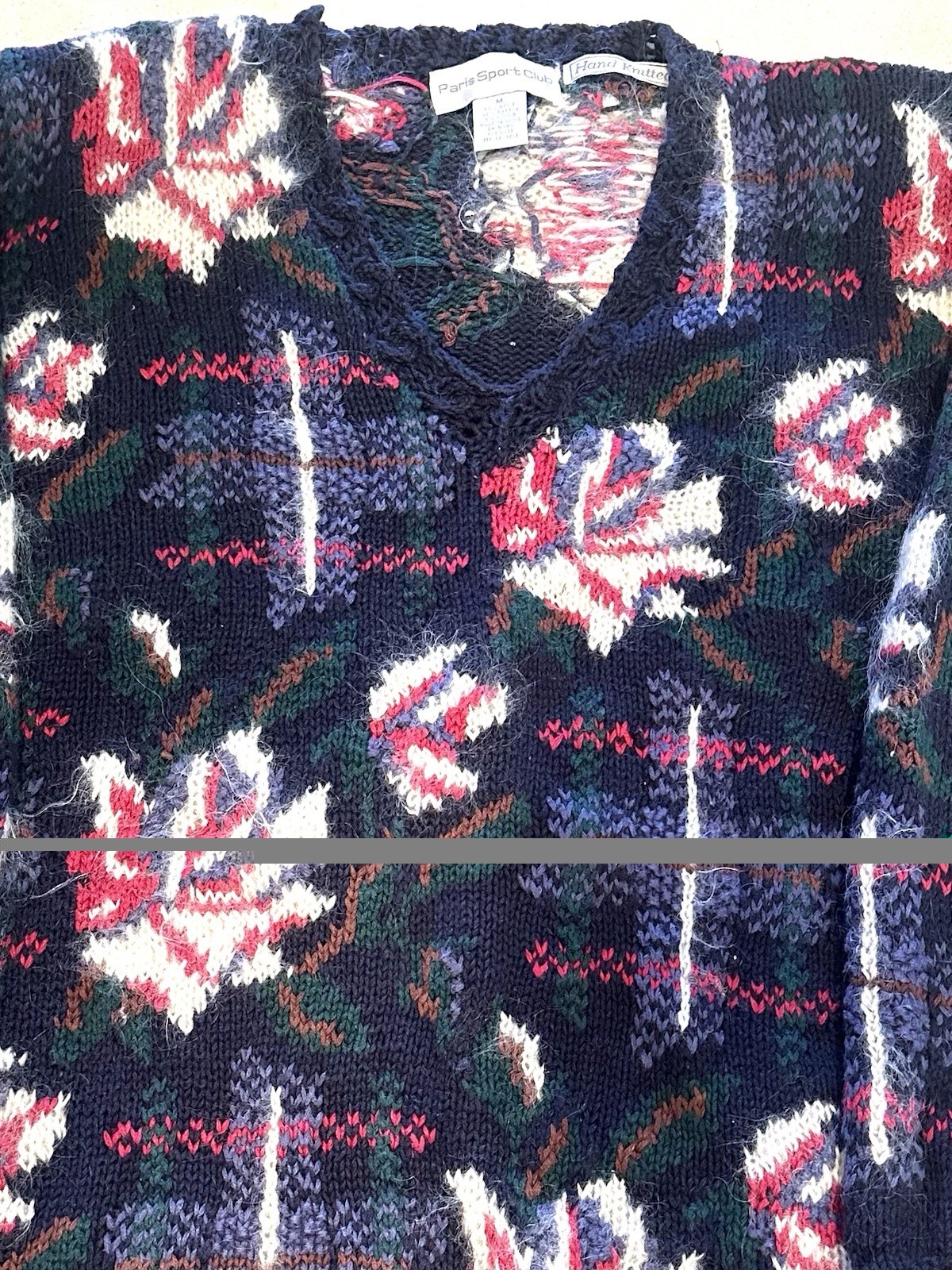 Vintage 80s Hand Knitted MOHAIR DESIGNER V-Neck Floral Sweater