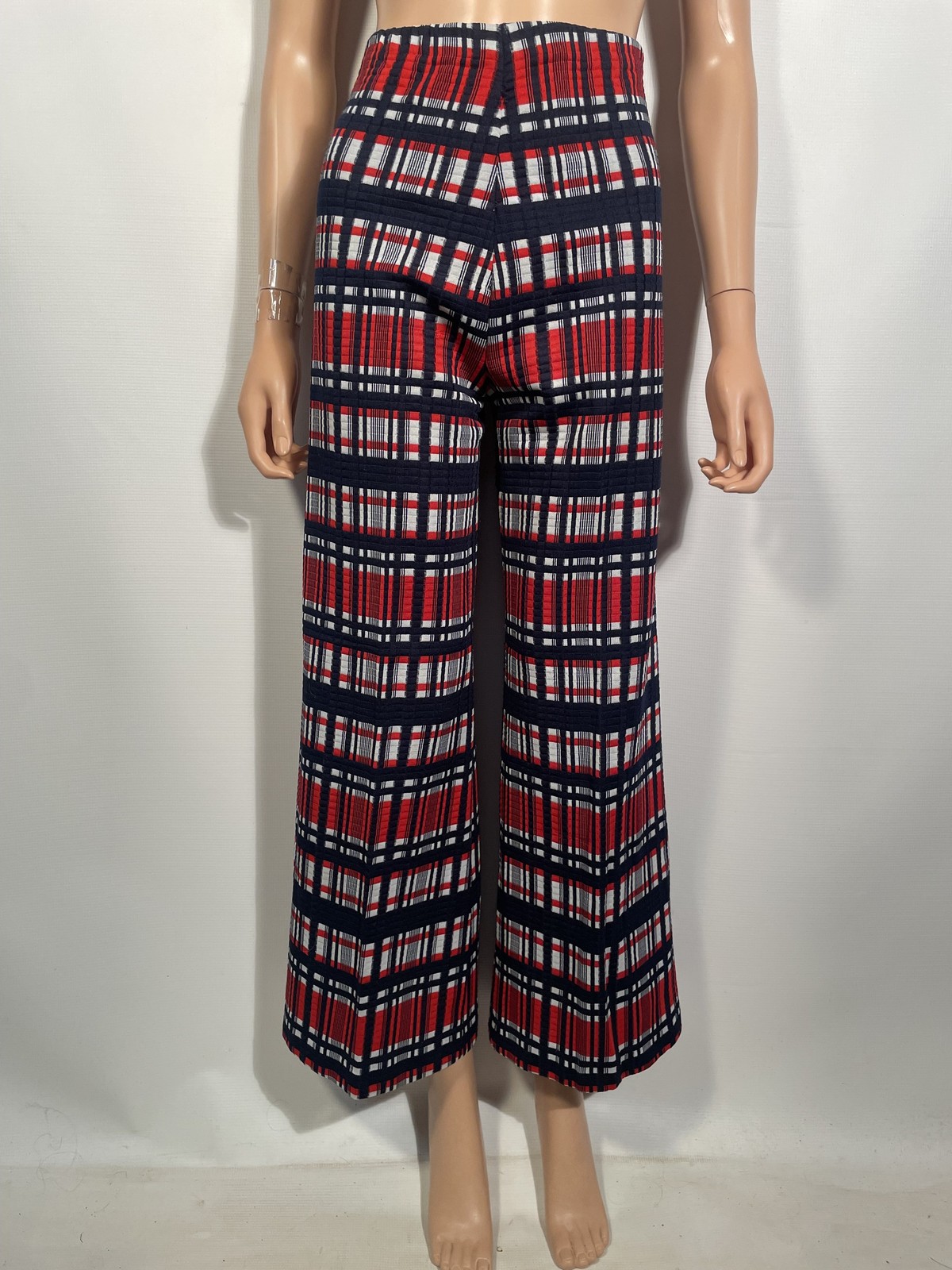 Vintage 1970s Textured Plaid Red White And Blue Flare Leg Pants Size 28×29
