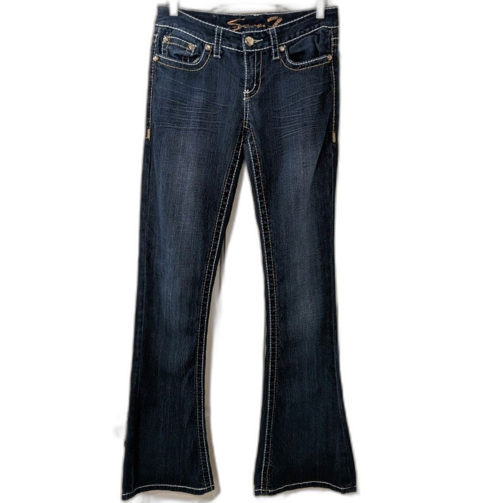 RARE Vintage Seven7 Crystal Embellished TULIP Flare Low Rise Topstitch Jeans 28