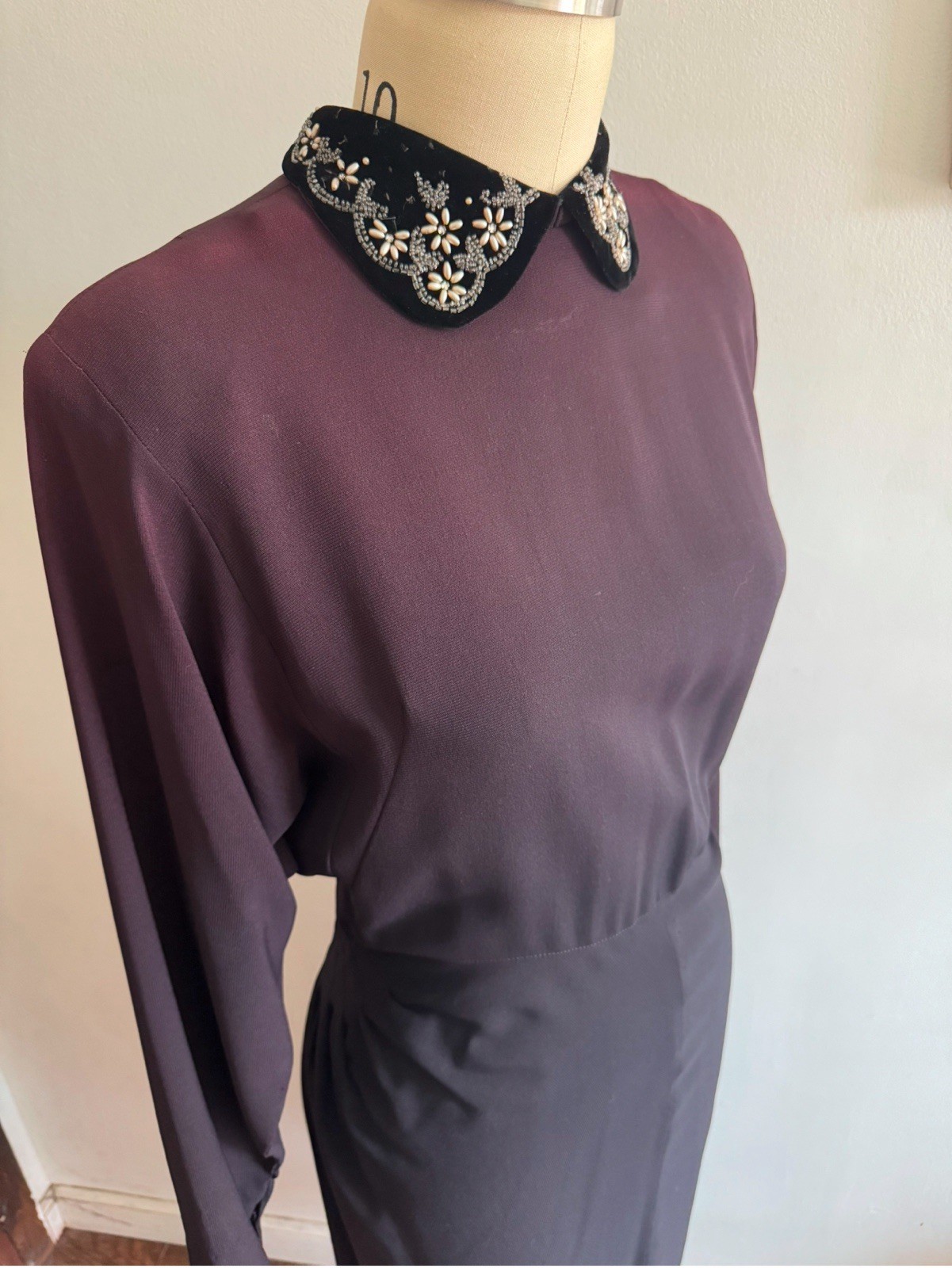 Vintage Dress Black/Purple Beaded Velvet Collar Button Zip Back SZ 10 Handmade?