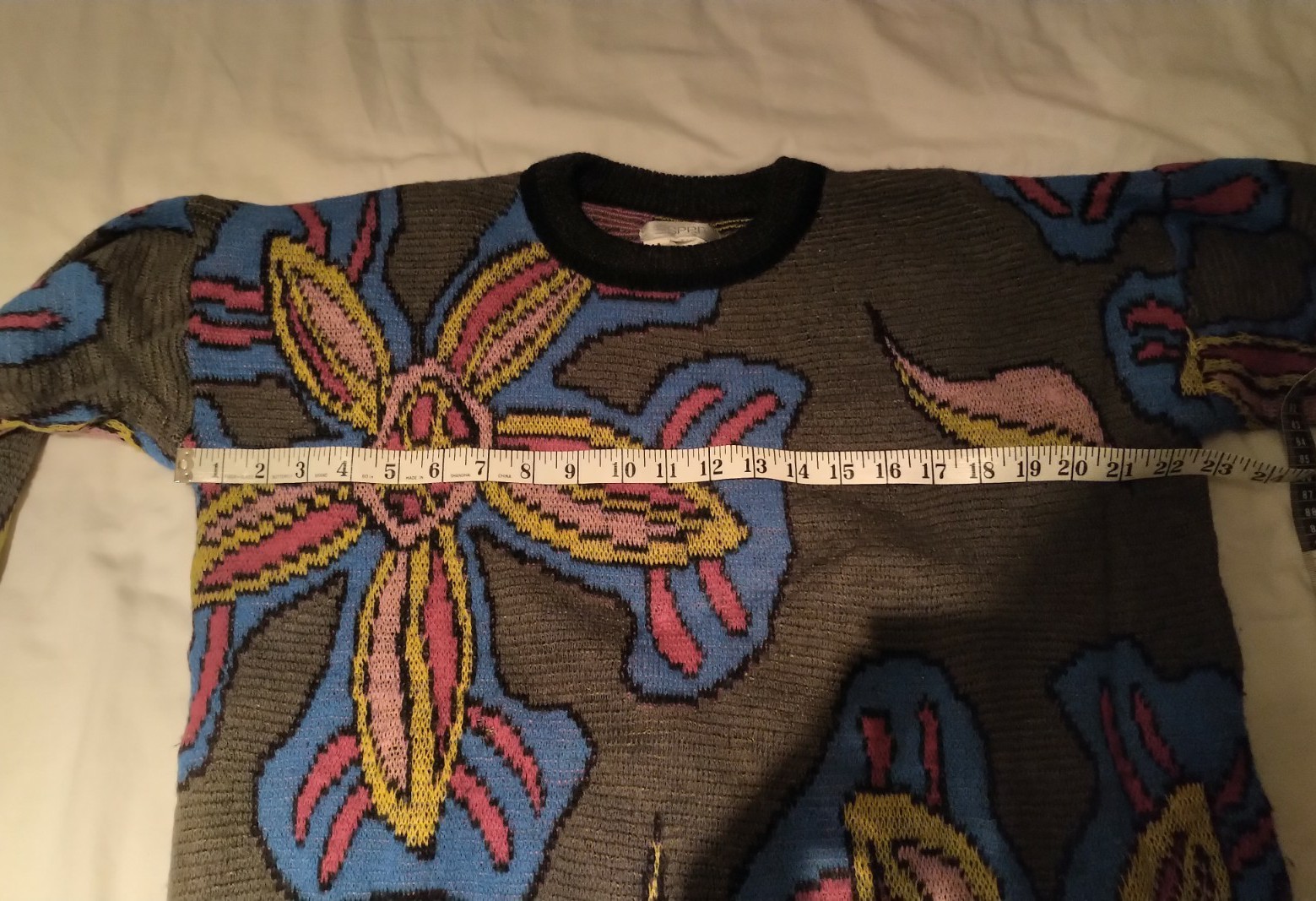 VINTAGE 1980S ESPRIT FLORAL PRINT WOOL SWEATER GREY BLACK BLUE SIZE M MEDIUM