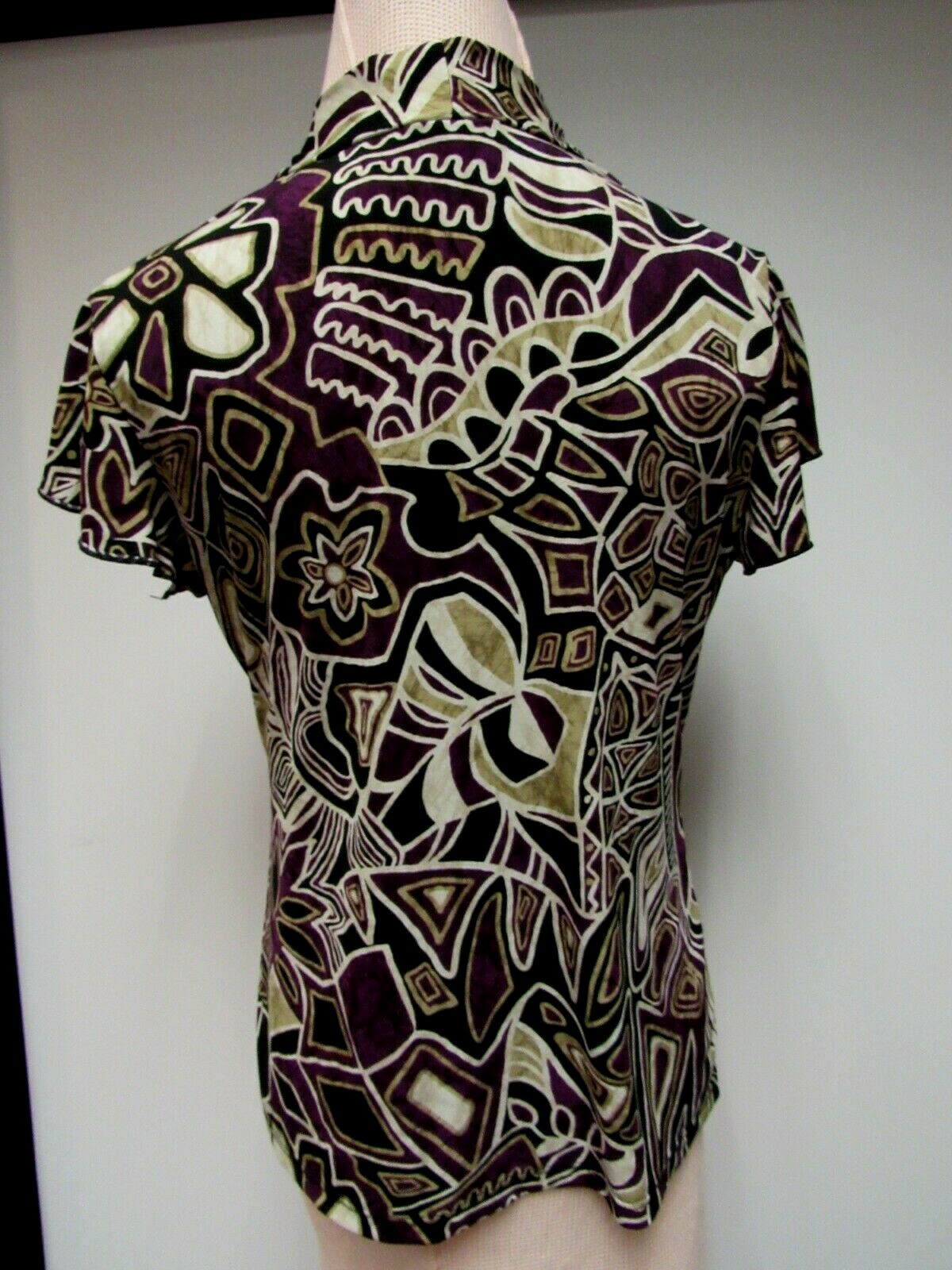 VTG JKLA Knit Faux Wrap Empire Waist Top Tribal Geometric Purple Black Tan L EUC