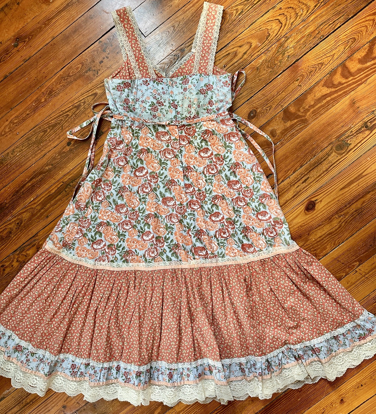 SALE Homespun Brand Vintage 1970s Dress 13 Orange Midi Calico Sundress Prairie
