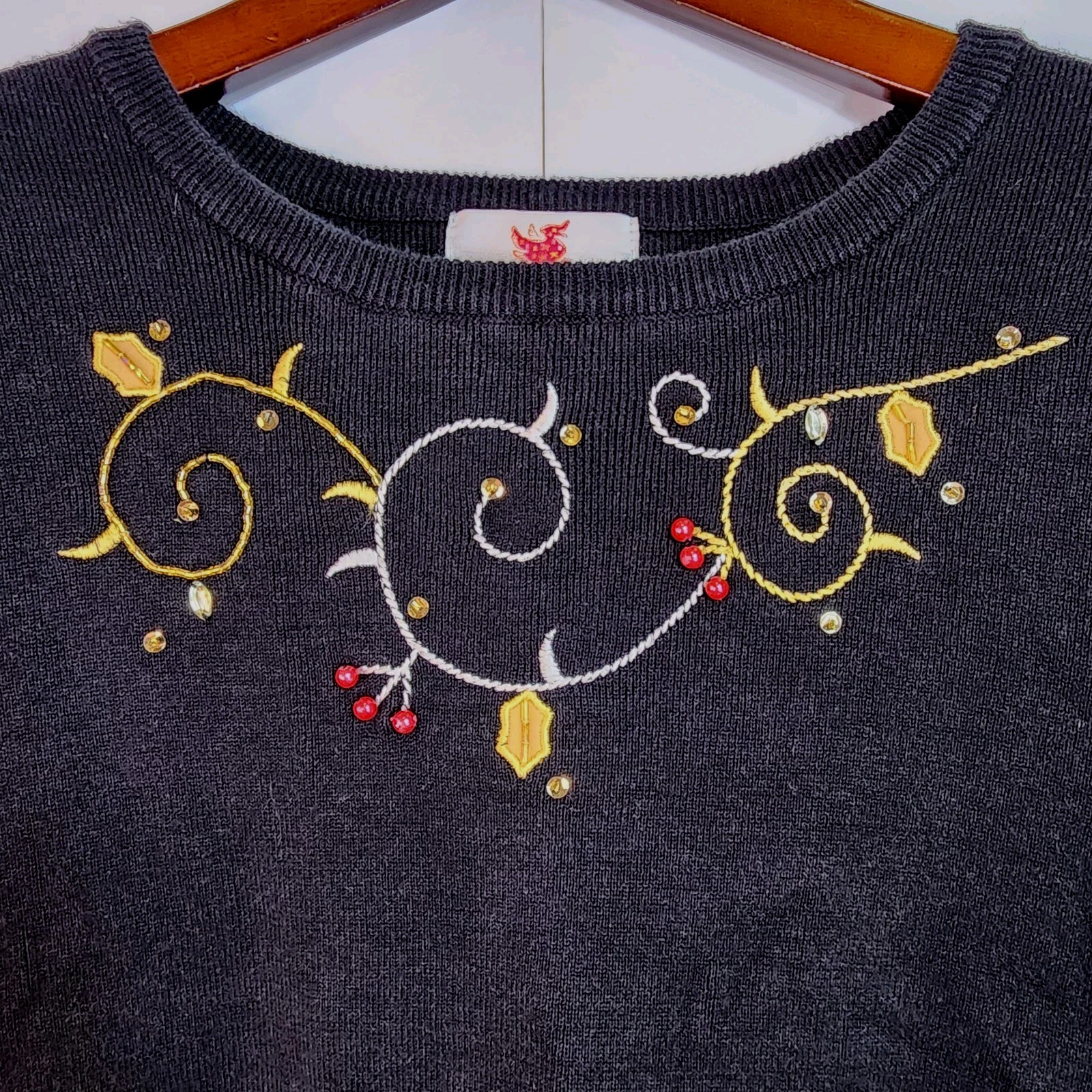 VTG Quacker Factory Black Short Sleeve Knit Top Xmas Sweater Cottage Core Small