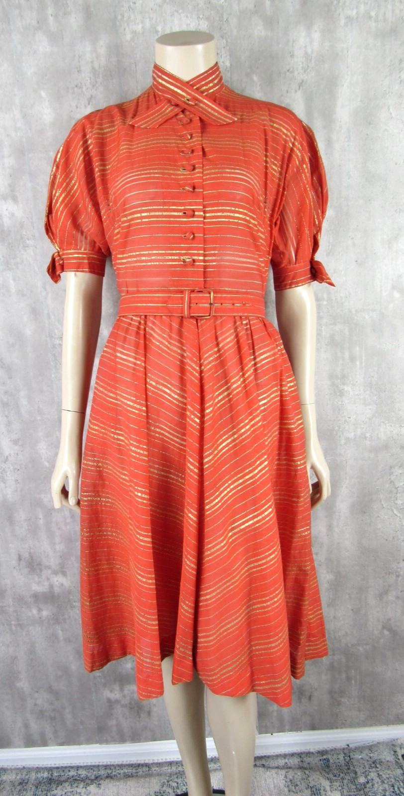 Vintage 50s Prestige Junior Orange Gold Metallic Stripe Lurex Belted Dress XS/S