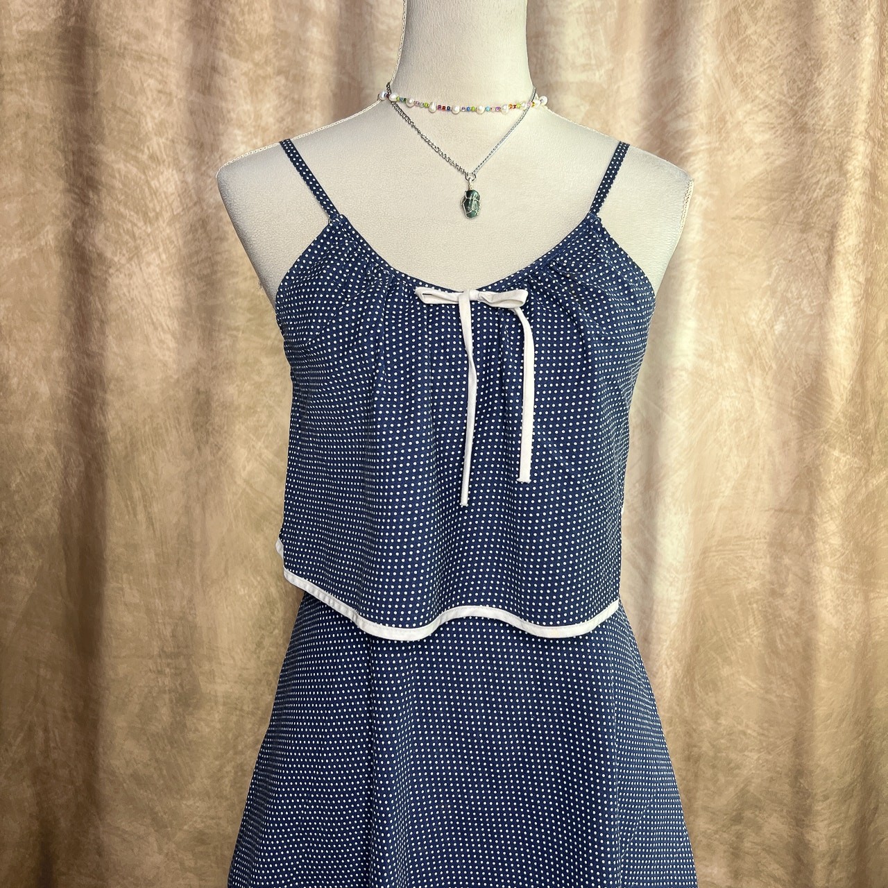 Vintage 70s Paper Moon by Yvette Tiered Layered Polka Dot Midi Dress Blue Beach
