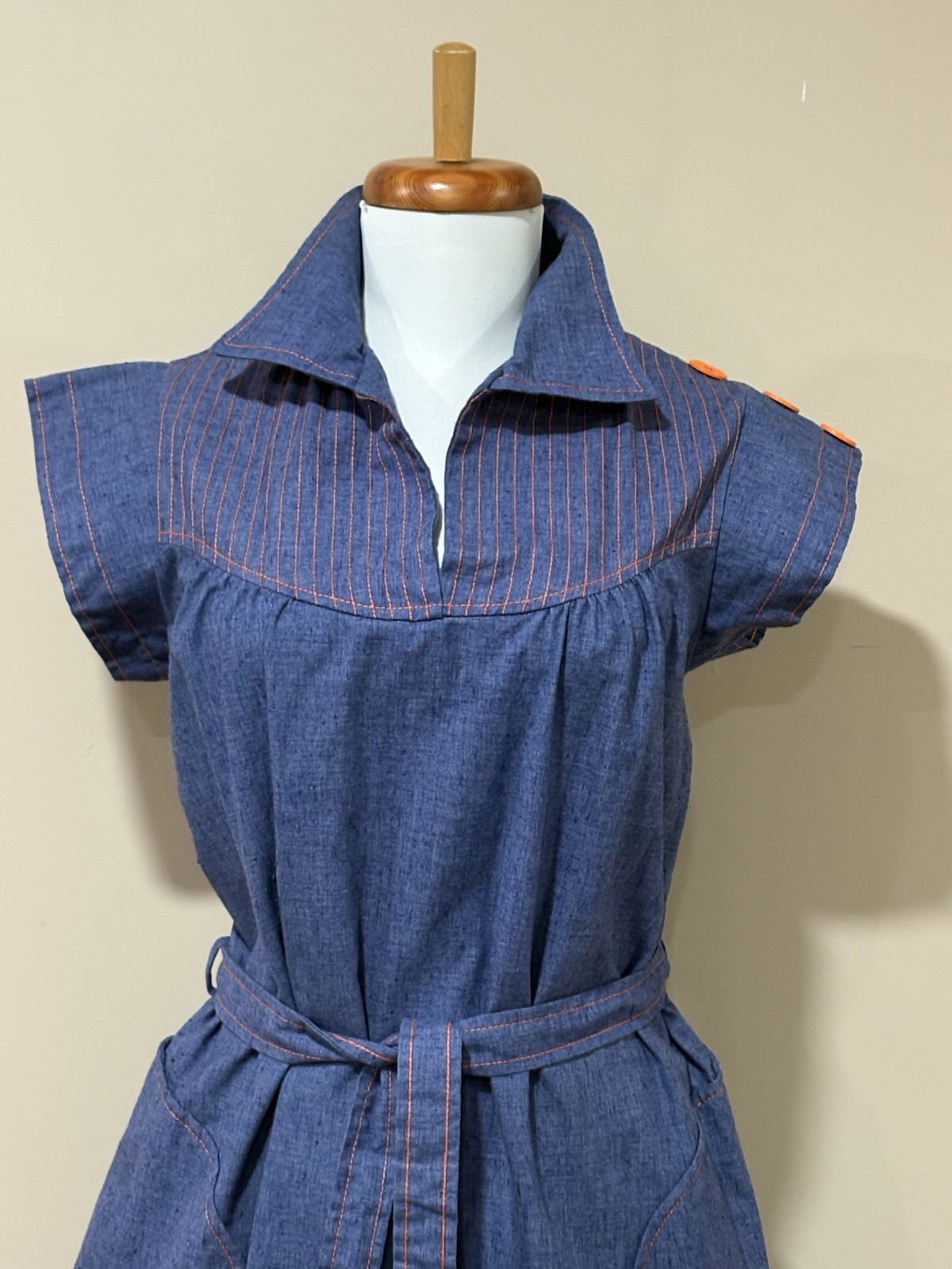 Vintage 70s Chambray Denim Mod Day Dress Mini Belted Pockets Contrast Stitch S