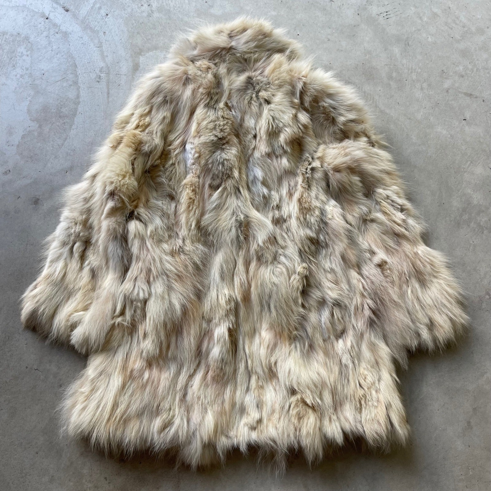 Vintage Genuine Fox Fur Coat Cream Tan Mid-Length Shawl Collar Distressed Flawed