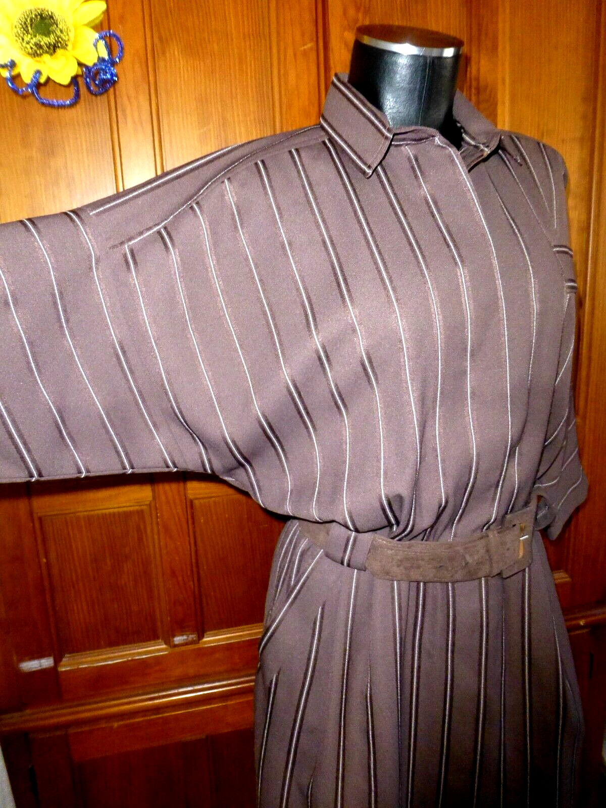 VTG 70s LESLIE FAY Stripe Dolman Slv Secretary Cocktail Belted Shirt DRESS M