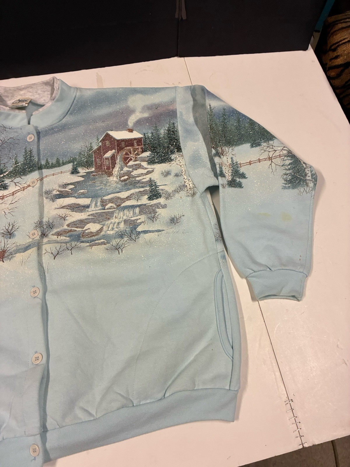 Vtg Winter Scene Graphic Sweatshirt Jacket Women’s Med Grandmacore Button (XL!)