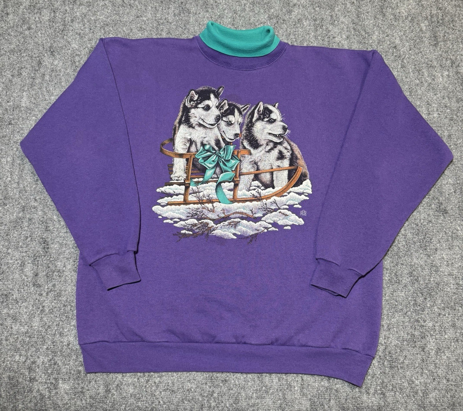 VTG LSJ Sportwear Grandma Turtleneck Pullover Dog Wolf Purple Cotton Grove XL 98