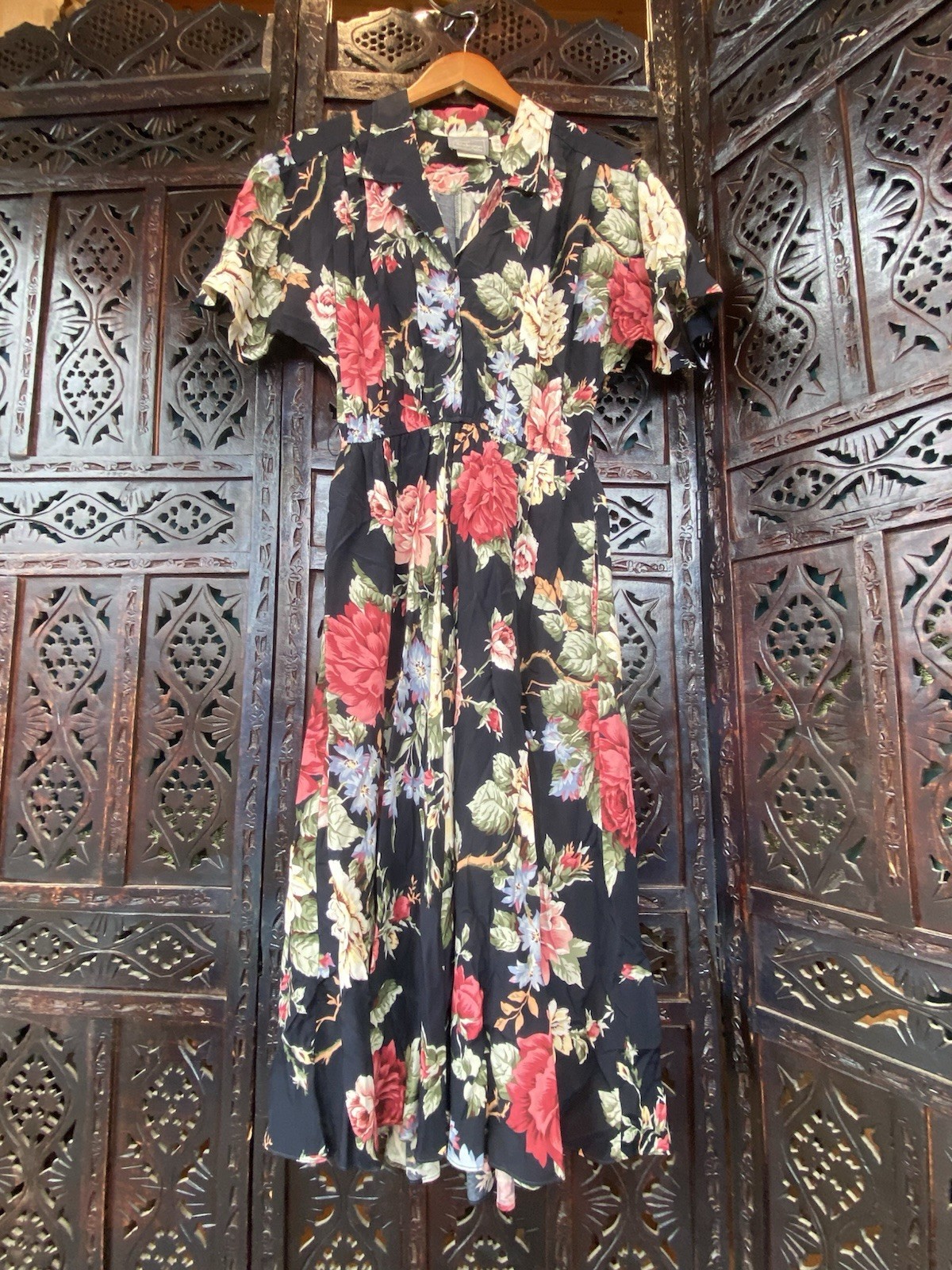 VTG CAROL ANDERSON Floral Rose Shirt Dress Womens M P Navy Blue Short Sleeve 90s