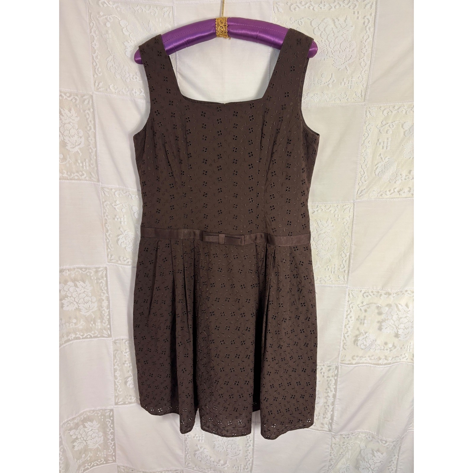 VTG Brown Cottage Twee Bow Front Babydoll Cotton Eyelet Midi Dress Size XL