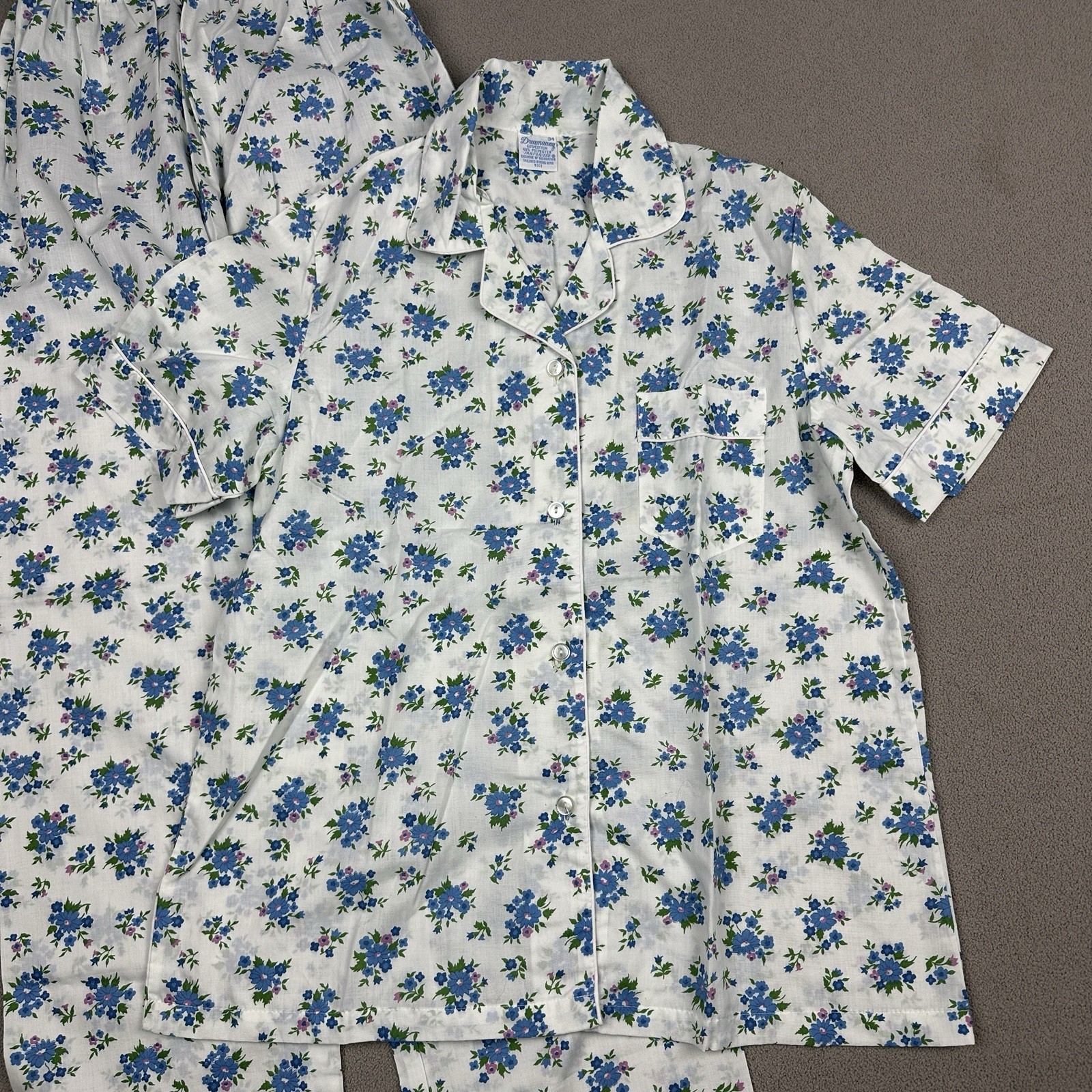 Vtg Dreamaway Pajama PJ Set Top & Pants Blue White Flowers Sanforized Sz 34