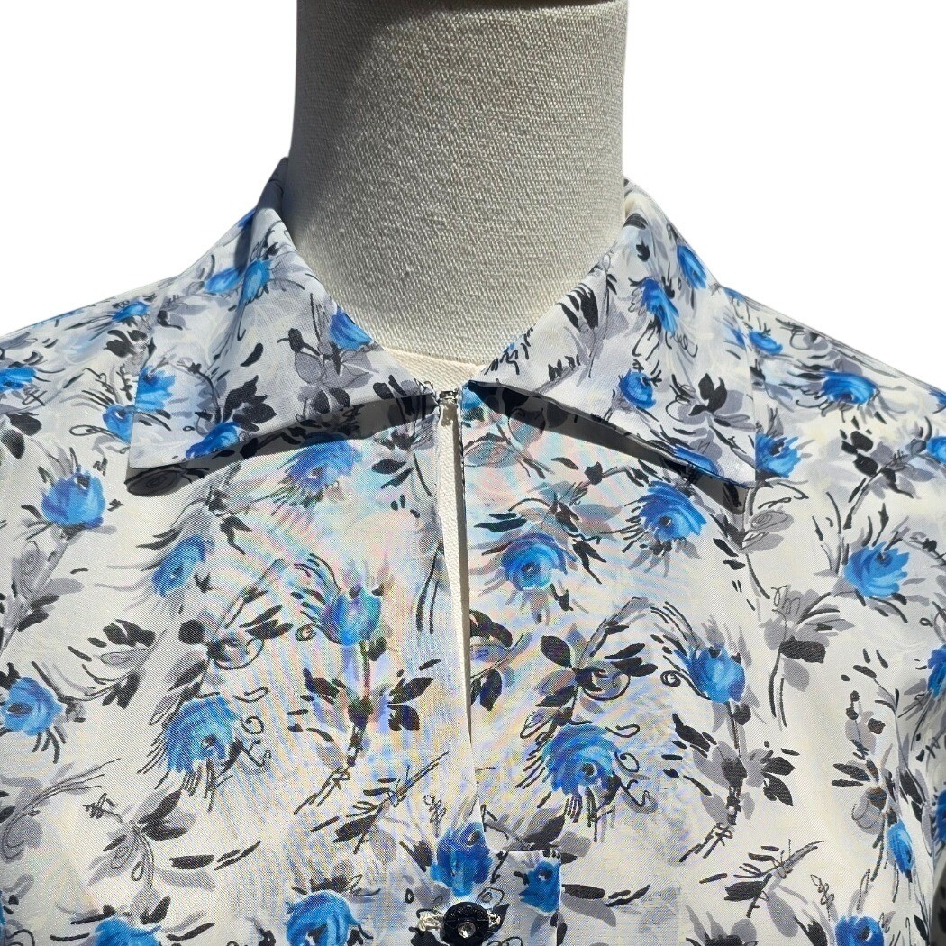 VTG Cay Artley Blue Floral Shirtwaist Dress Pleated Mid Century Rockabilly MEZ