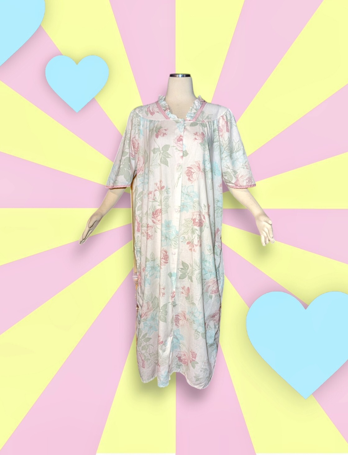 KINGLY Aqua Pink FLORAL Pearl Snap Button Nightgown Robe House Dress Sz Medium