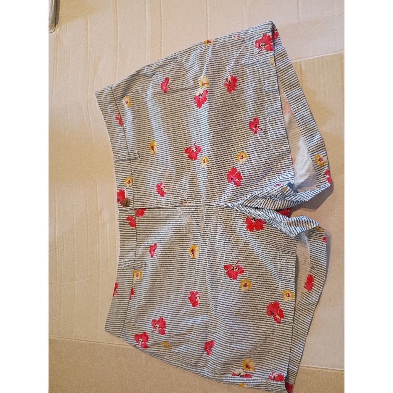 Old Navy Women’s Blue & White Stripe High Waist Shorts with Red Floral Print