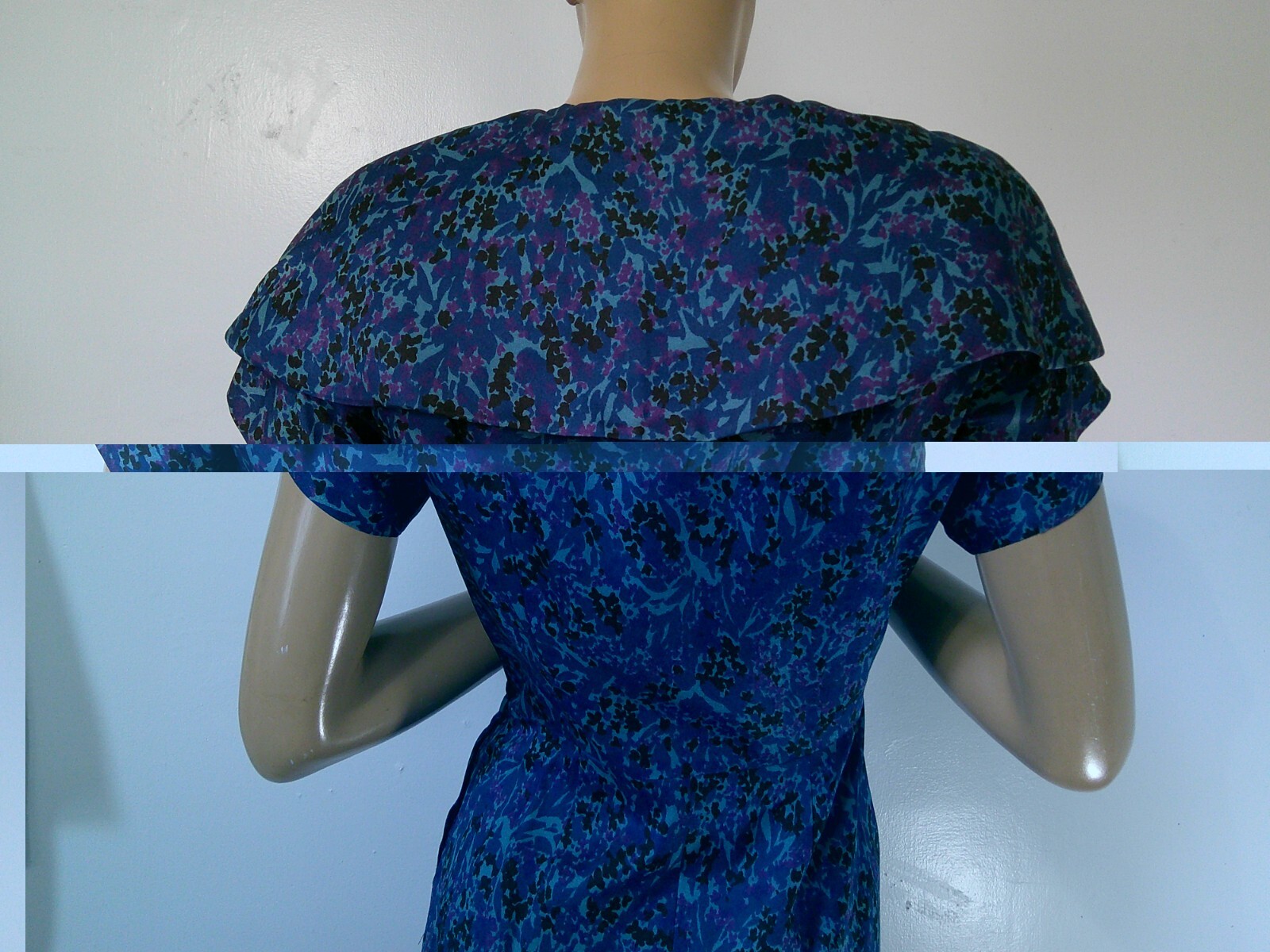 Vtg 50’s GLORIA SWANSON by Forever Young Blue Purple Print Wiggle Shift Dress M