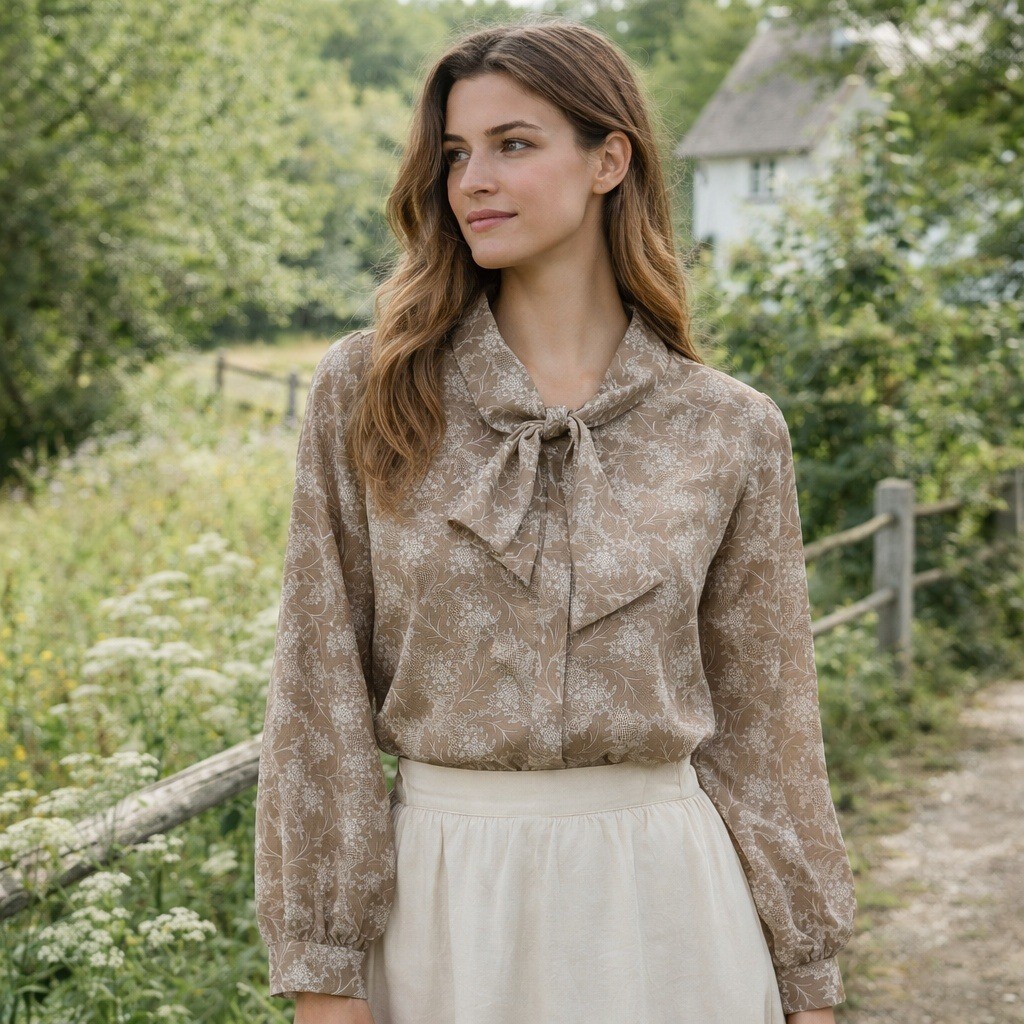 Vintage Nikki Floral Tie Neck Blouse Long Sleeve Taupe Cottagecore Women’s 12