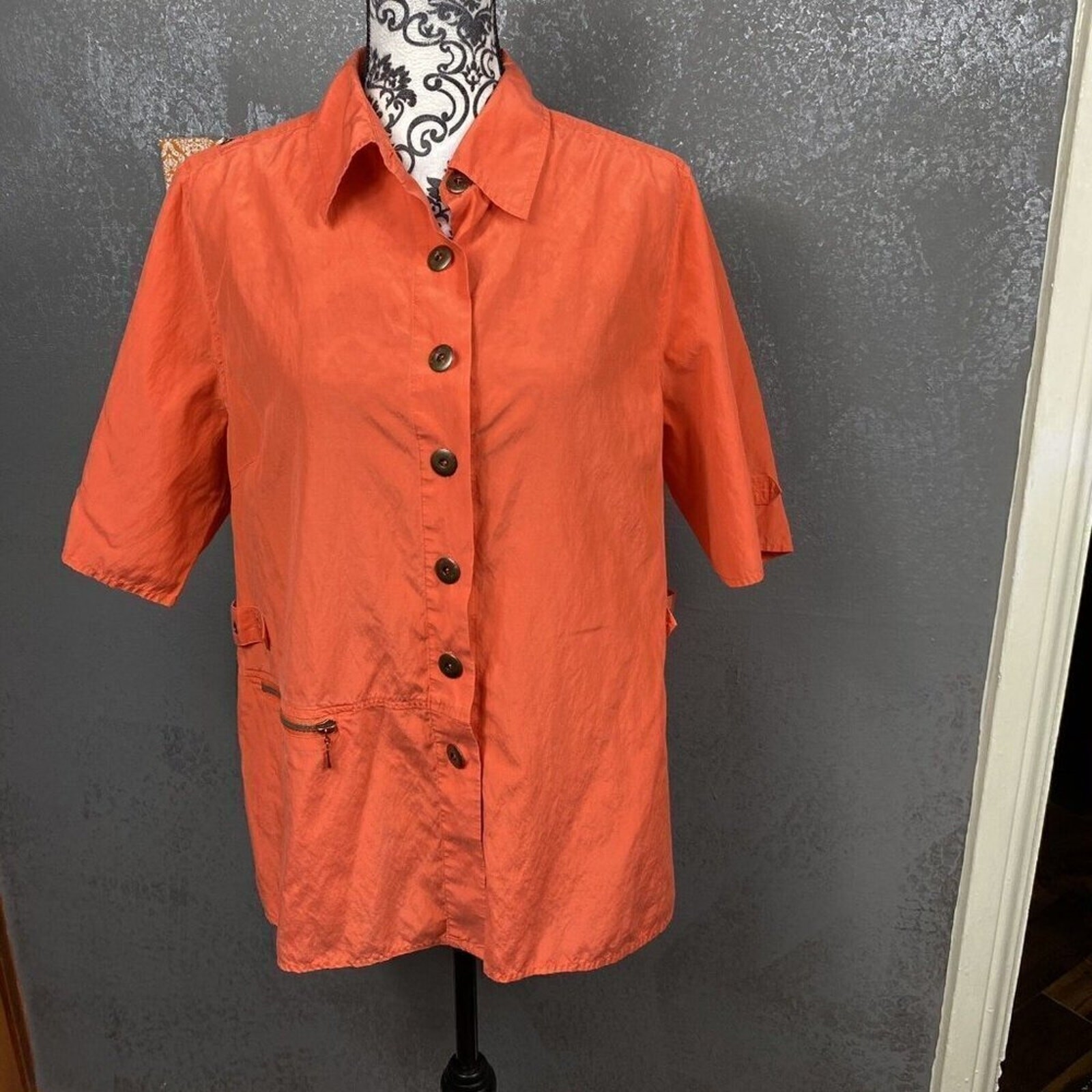 Alain Weiz Vintage Salmon Silk Blend Safari Button-Up Shirt Sz 14 Coral Utility