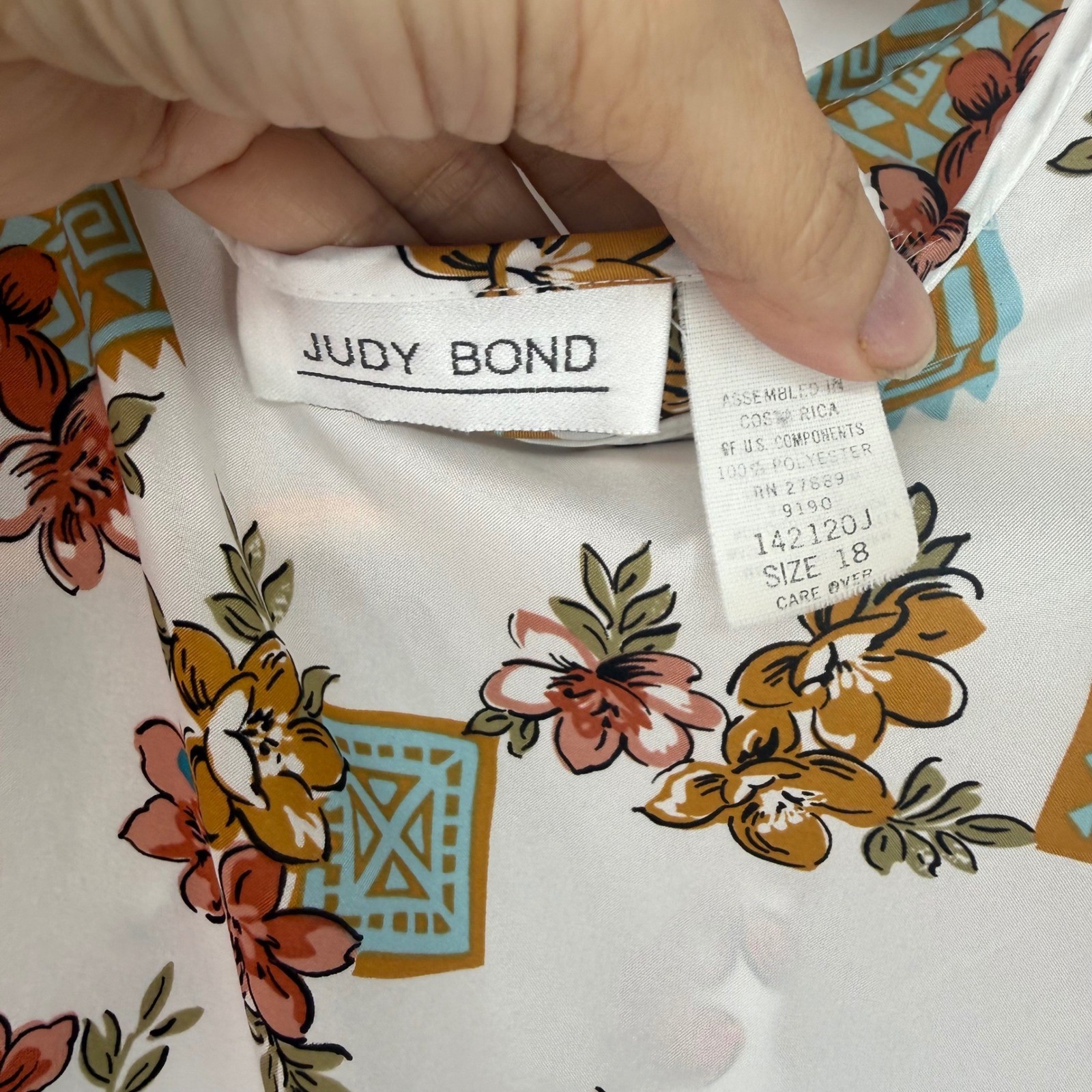 80’s Vintage Judy Bond Floral Geometric Print Short Sleeve Blouse White Size 18