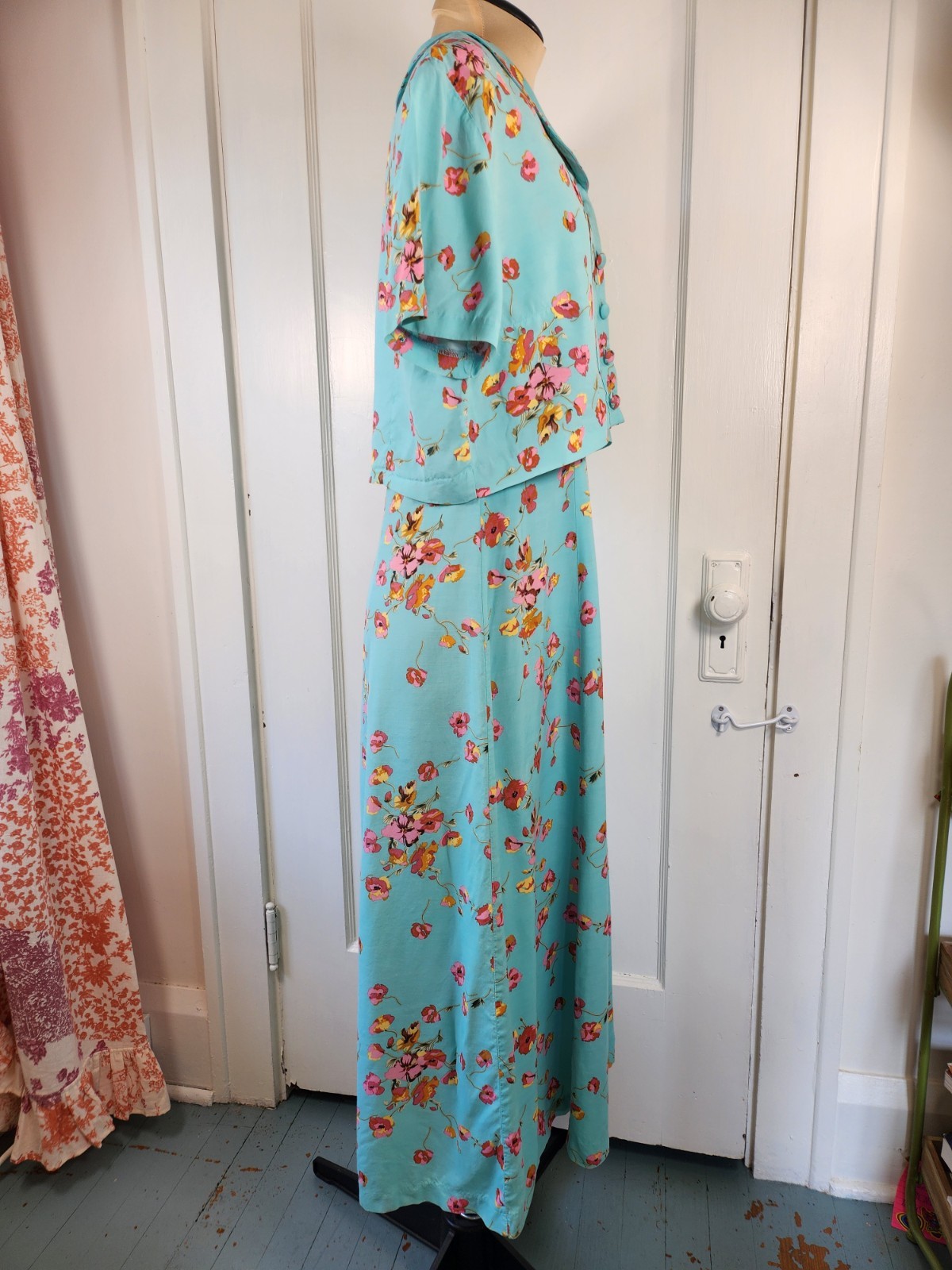 Vtg 90s Cherry Blossom Aqua Jacket Maxi Dress Karin Stevens Sz 10/Medium