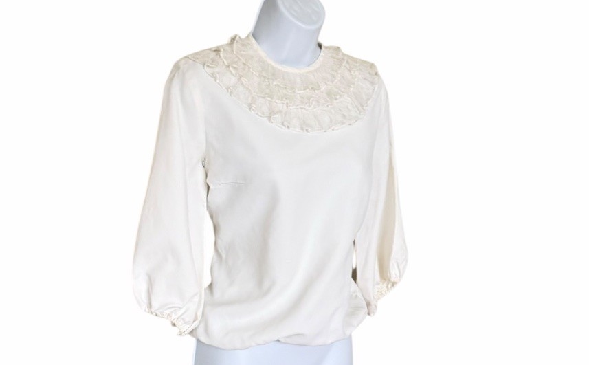 Vtg 60s Victorian Lace Neck Blouse Esta Lynn White Metal Zipper XS/S Cottage