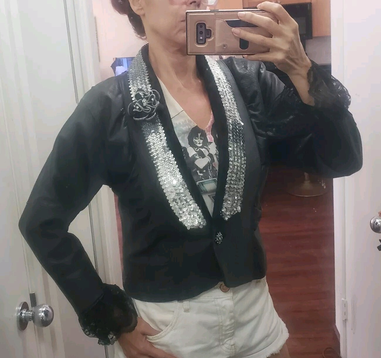 Vtg 80s Sz L black Leather Jacket sequins collar puff sleeves Glam Mobwife