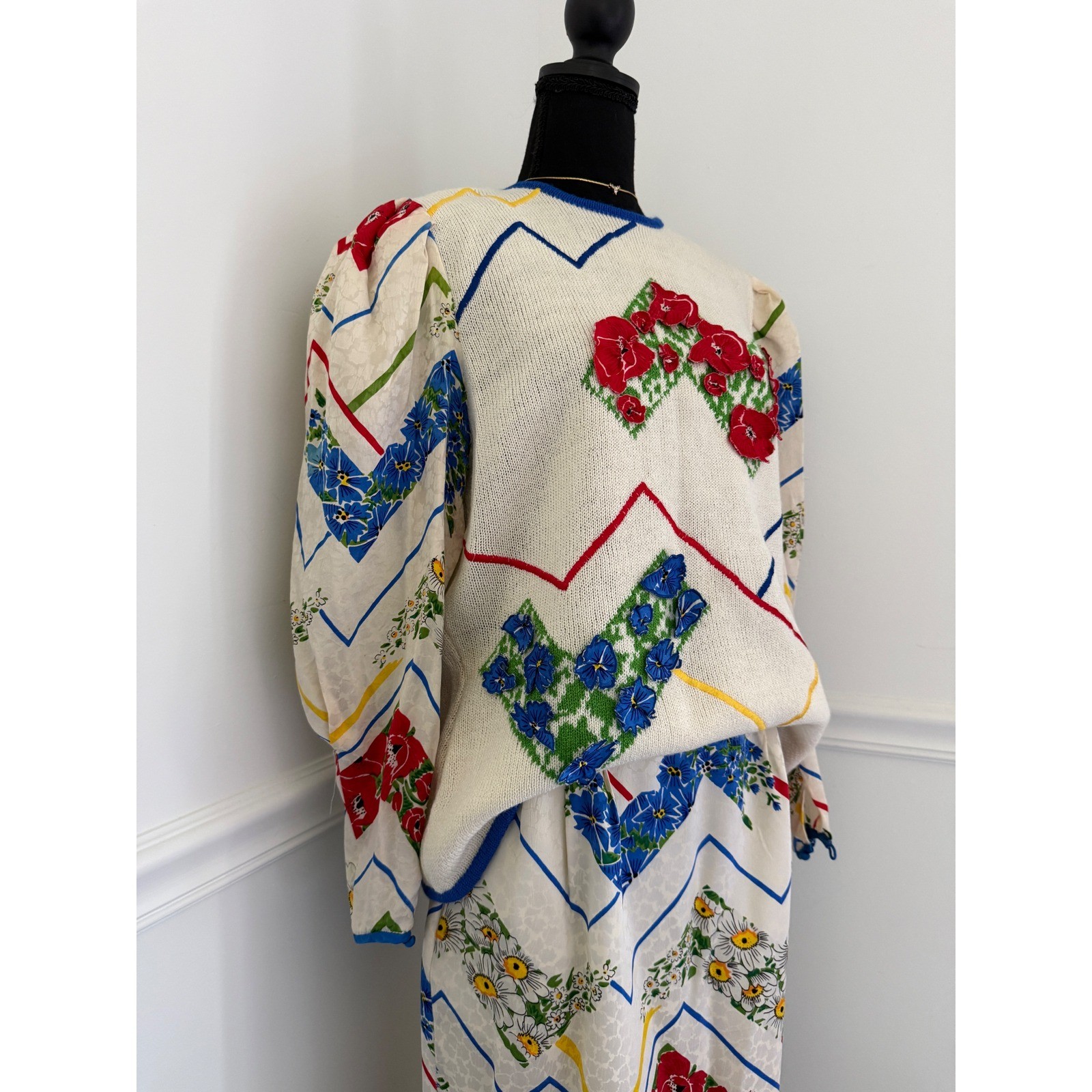 Vintage 3pc Silk Skirt Sweater Scarf Set Floral Whimsical 80s Grandmacore