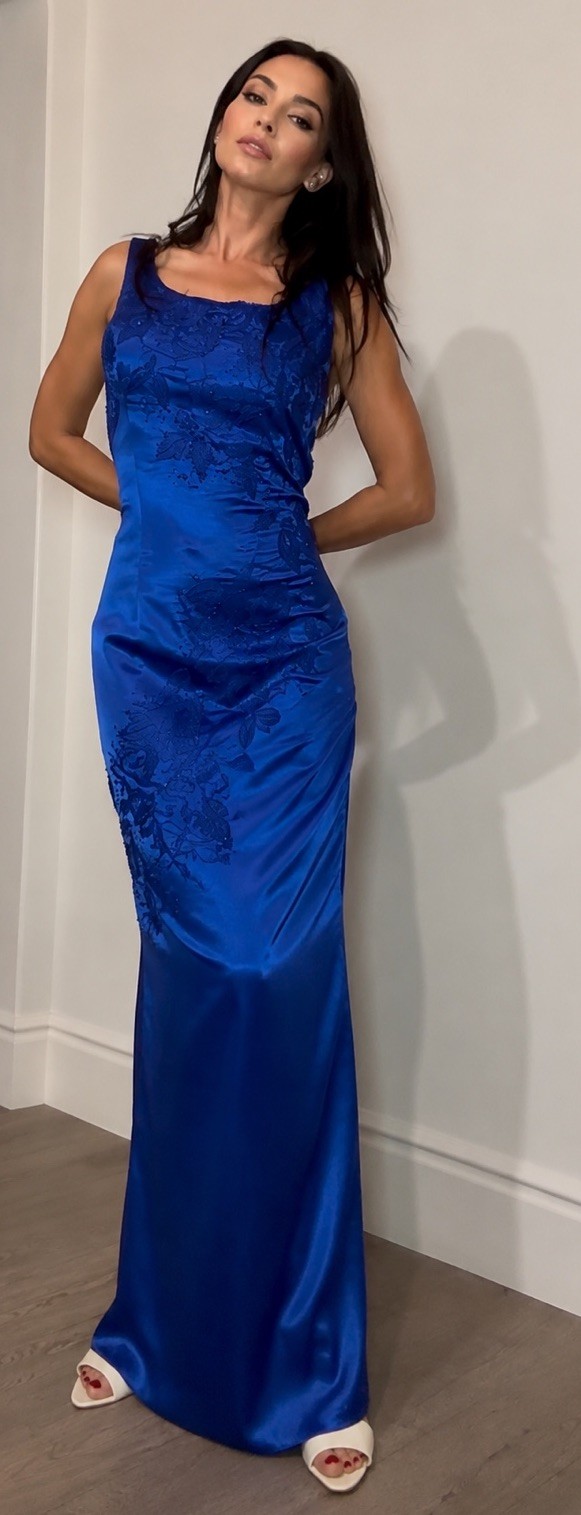 Vintage Simply Precious Royal Blue Beaded Satin Evening Gown Dress 18W Formal