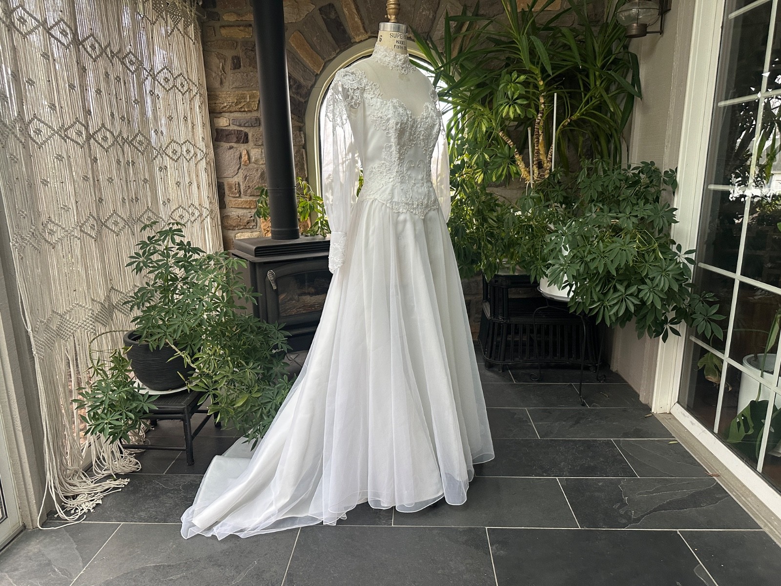 Vintage 1970s White High Neck Nylon Chiffon and Lace Wedding Gown