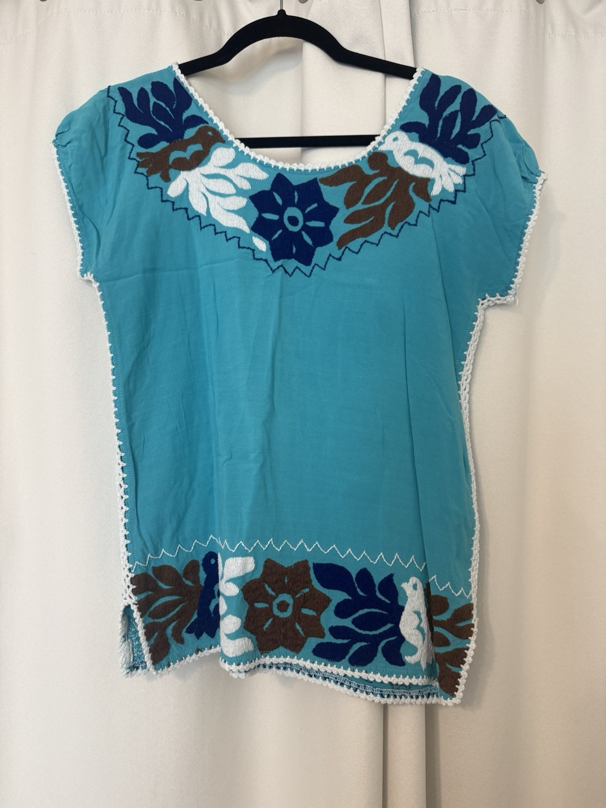 Silvia Suarez Traditional Textiles Embroidered Cap Sleeve Top in Blue Size XS/S